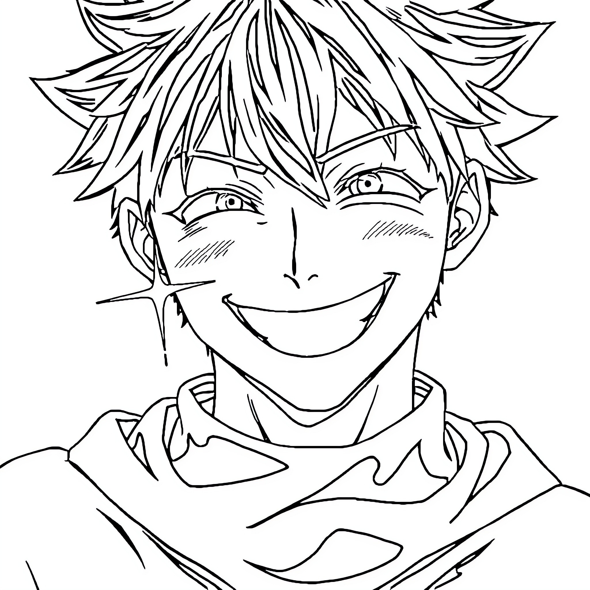 Katsuki Bakugo's Mischievous Smile Coloring Page (free black-and-white line drawing printable PDF for all, from beginners to advanced learners, including children, teens, adults, and seniors)