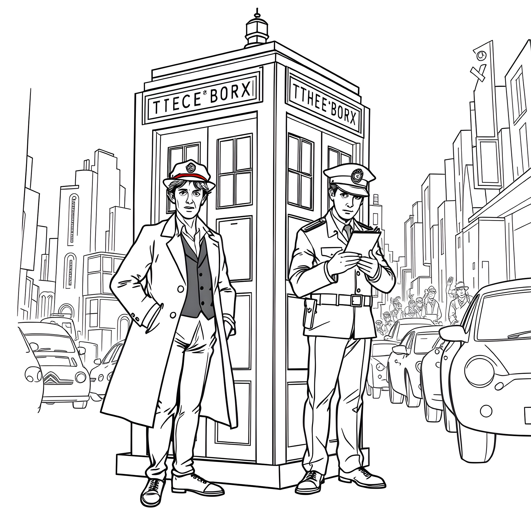 Doctor's Duo Policing the City Streets Coloring Page (free black-and-white line drawing printable PDF for all, from beginners to advanced learners, including children, teens, adults, and seniors)