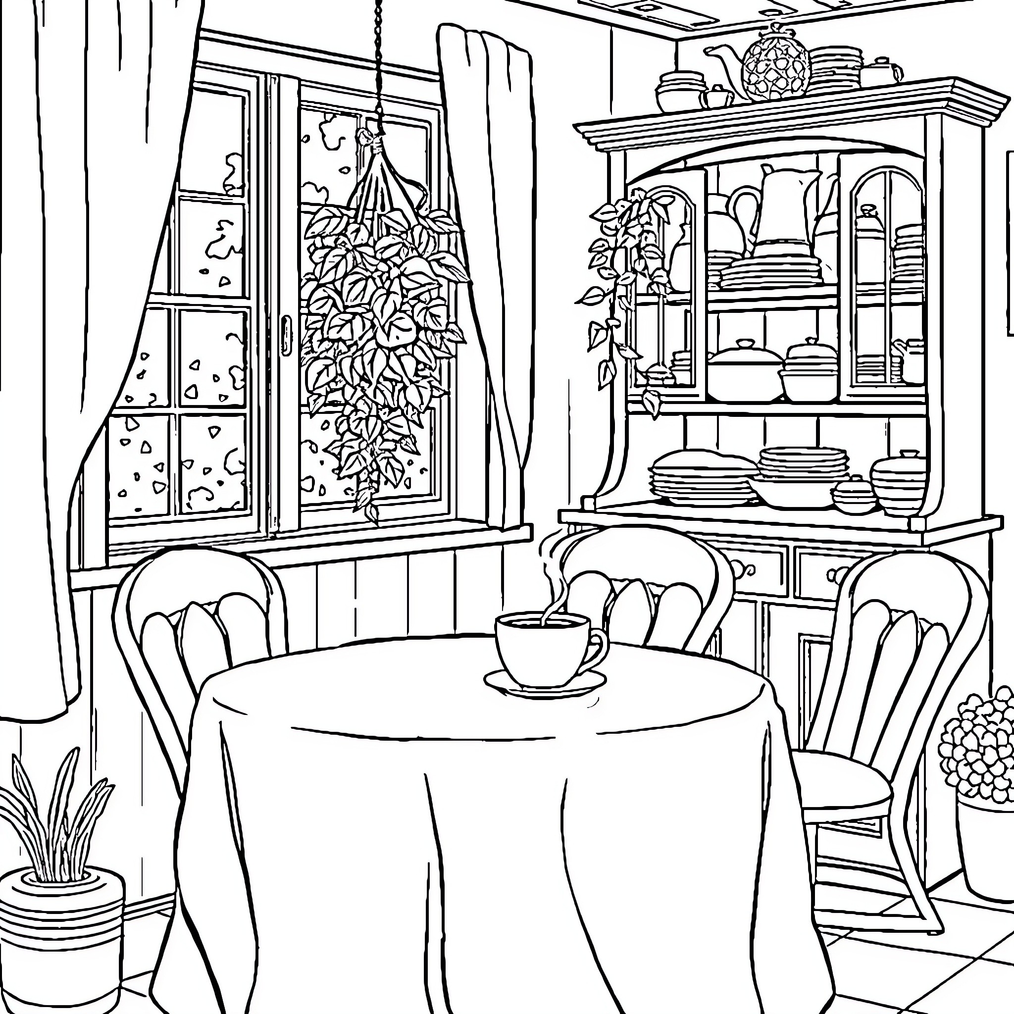 Table Set for Cozy Dining in Rustic Interior Coloring Page (free black-and-white line drawing printable PDF for all, from beginners to advanced learners, including children, teens, adults, and seniors)