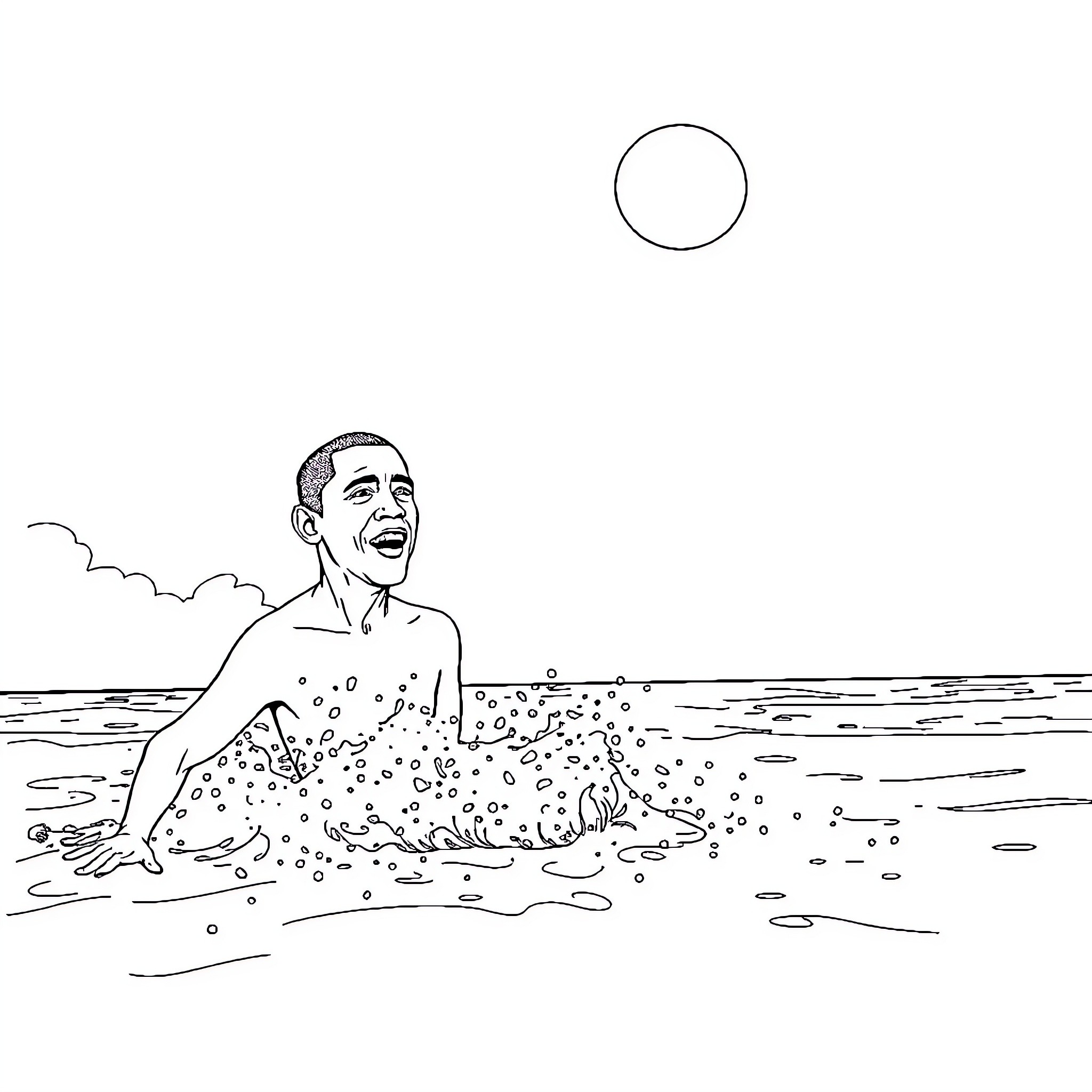 Obama enjoying a relaxing day at the beach Coloring Page (free black-and-white line drawing printable PDF for all, from beginners to advanced learners, including children, teens, adults, and seniors)