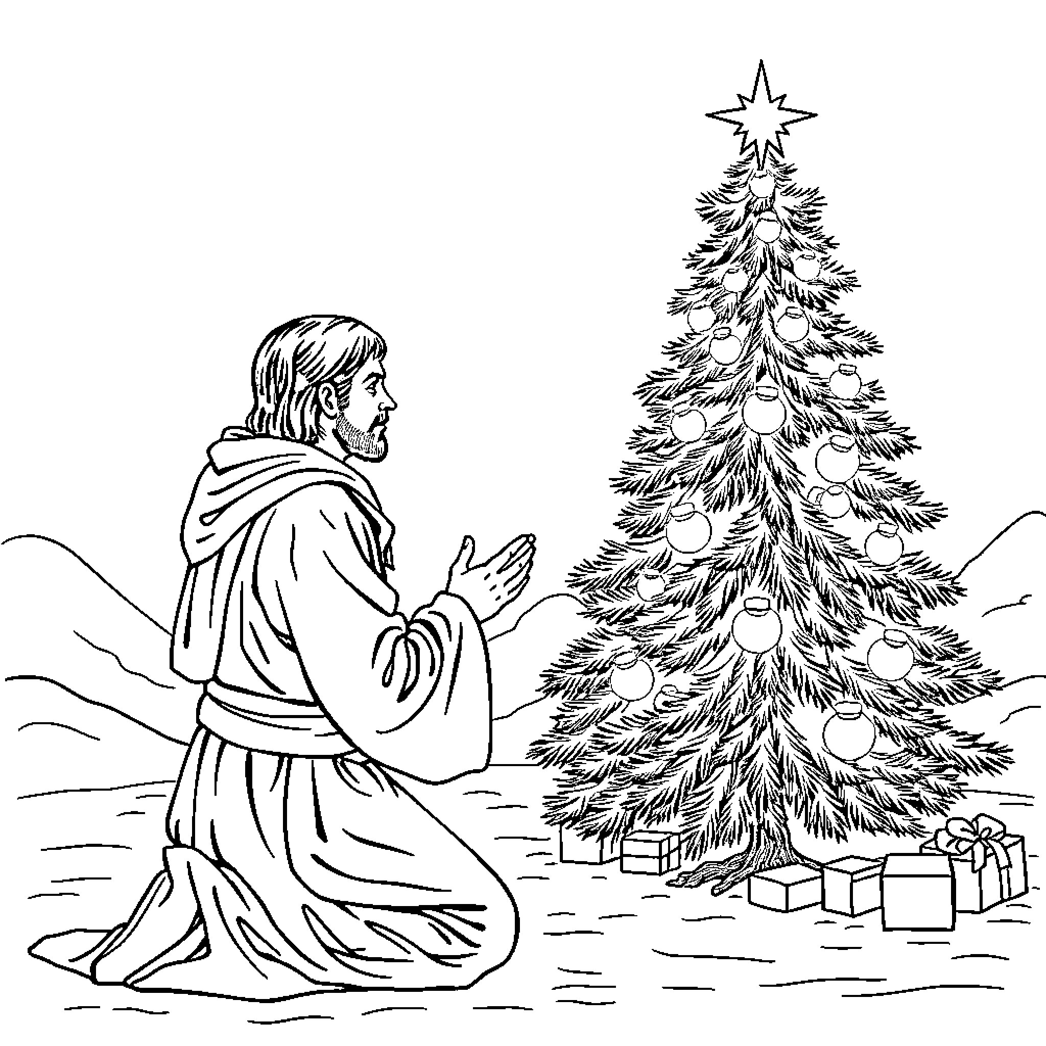 Skywalker prays before Christmas tree in the snowy landscape Coloring Page (free black-and-white line drawing printable PDF for all, from beginners to advanced learners, including children, teens, adults, and seniors)