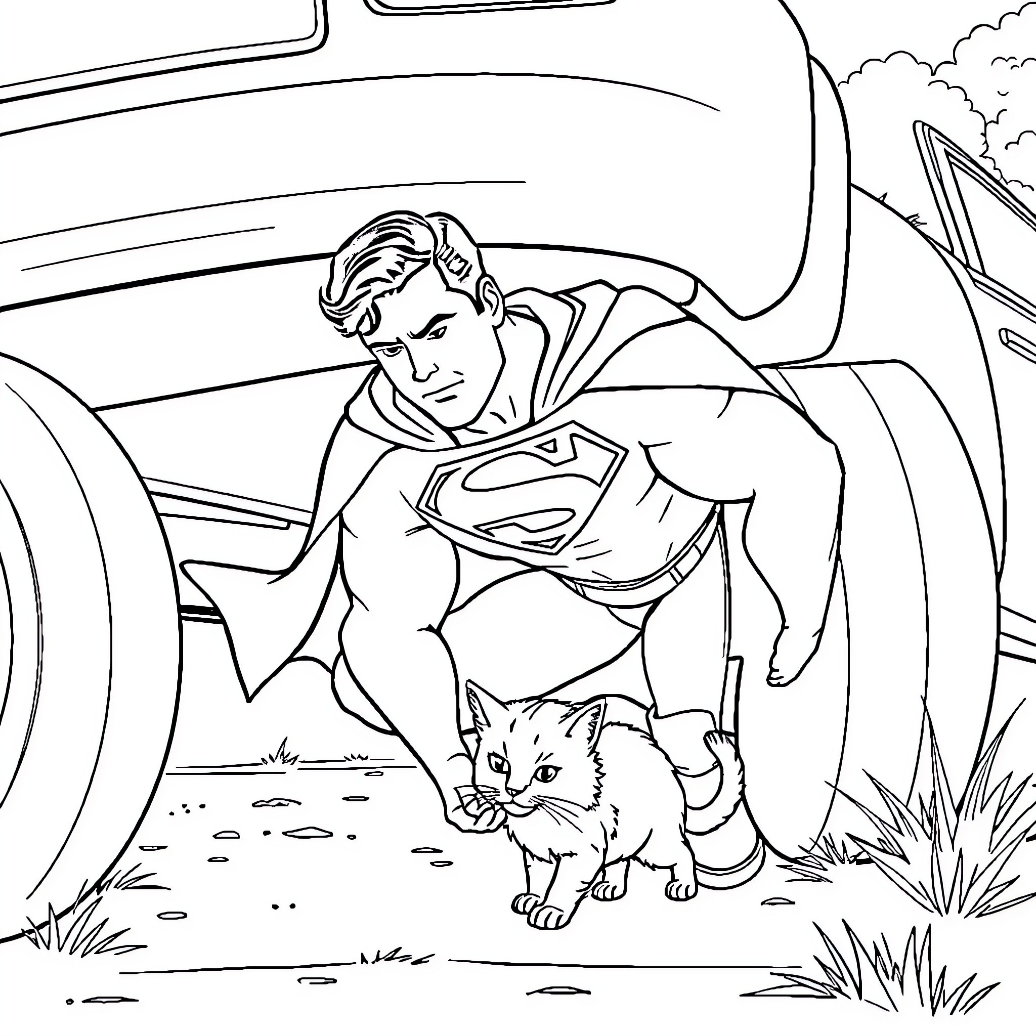 Superman rescuing a kitten from danger Coloring Page (free black-and-white line drawing printable PDF for all, from beginners to advanced learners, including children, teens, adults, and seniors)