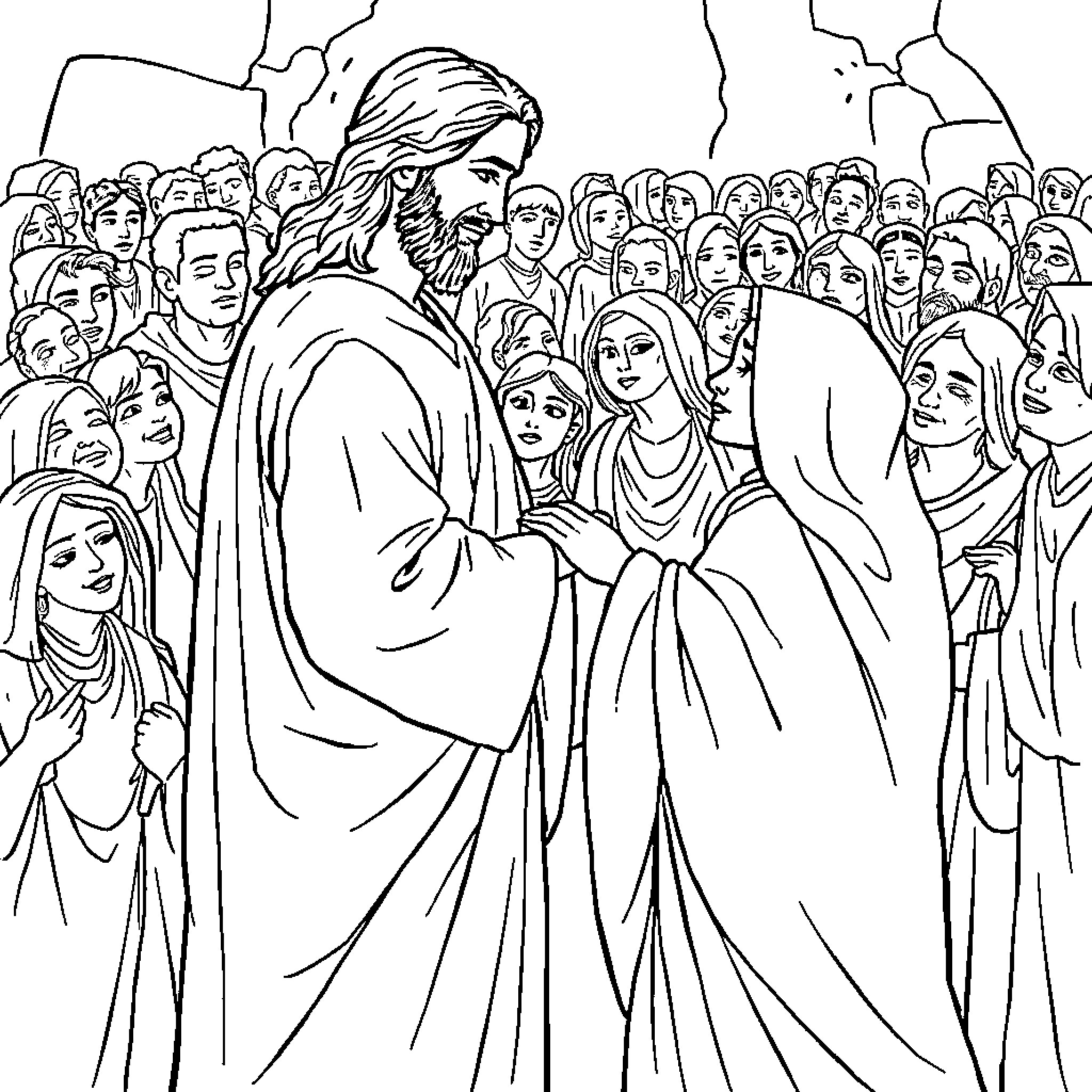 Woman preaching to a crowd of people Coloring Page (free black-and-white line drawing printable PDF for all, from beginners to advanced learners, including children, teens, adults, and seniors)