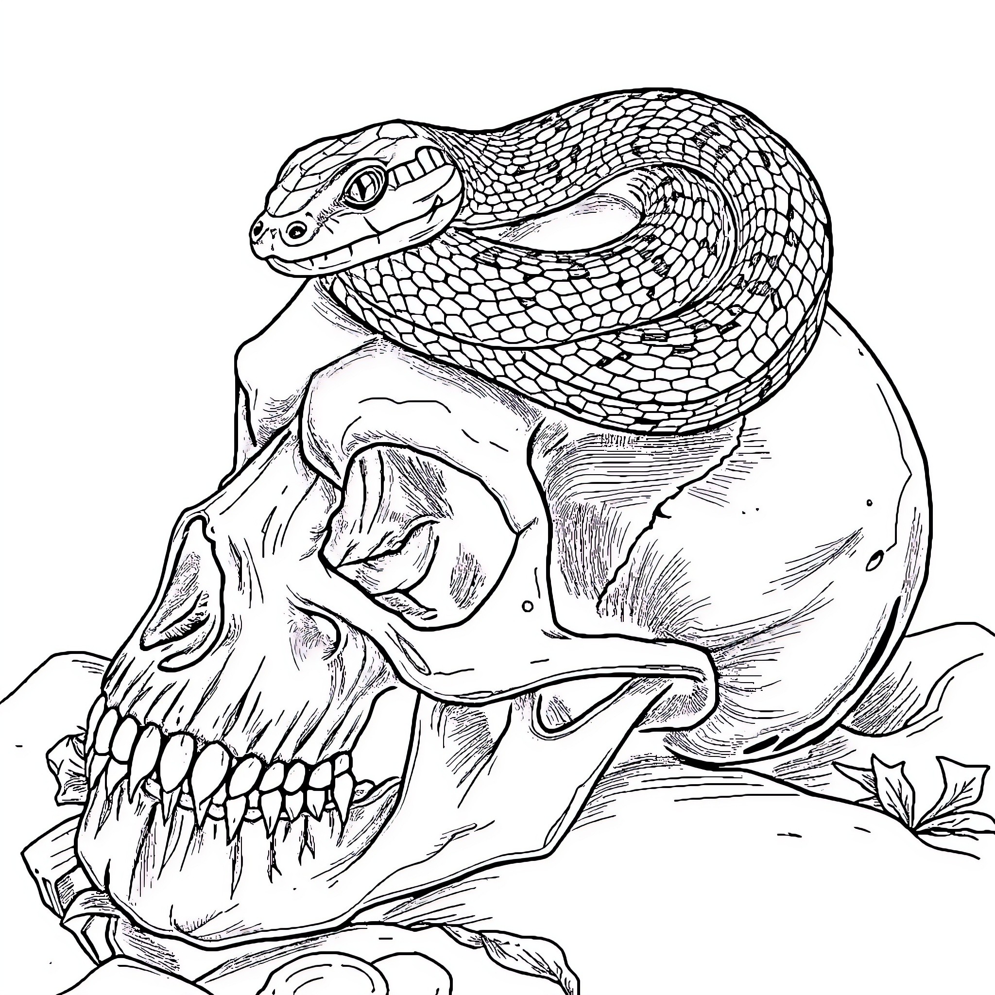 Snake coiled on a skull in a dark scene Coloring Page (free black-and-white line drawing printable PDF for all, from beginners to advanced learners, including children, teens, adults, and seniors)