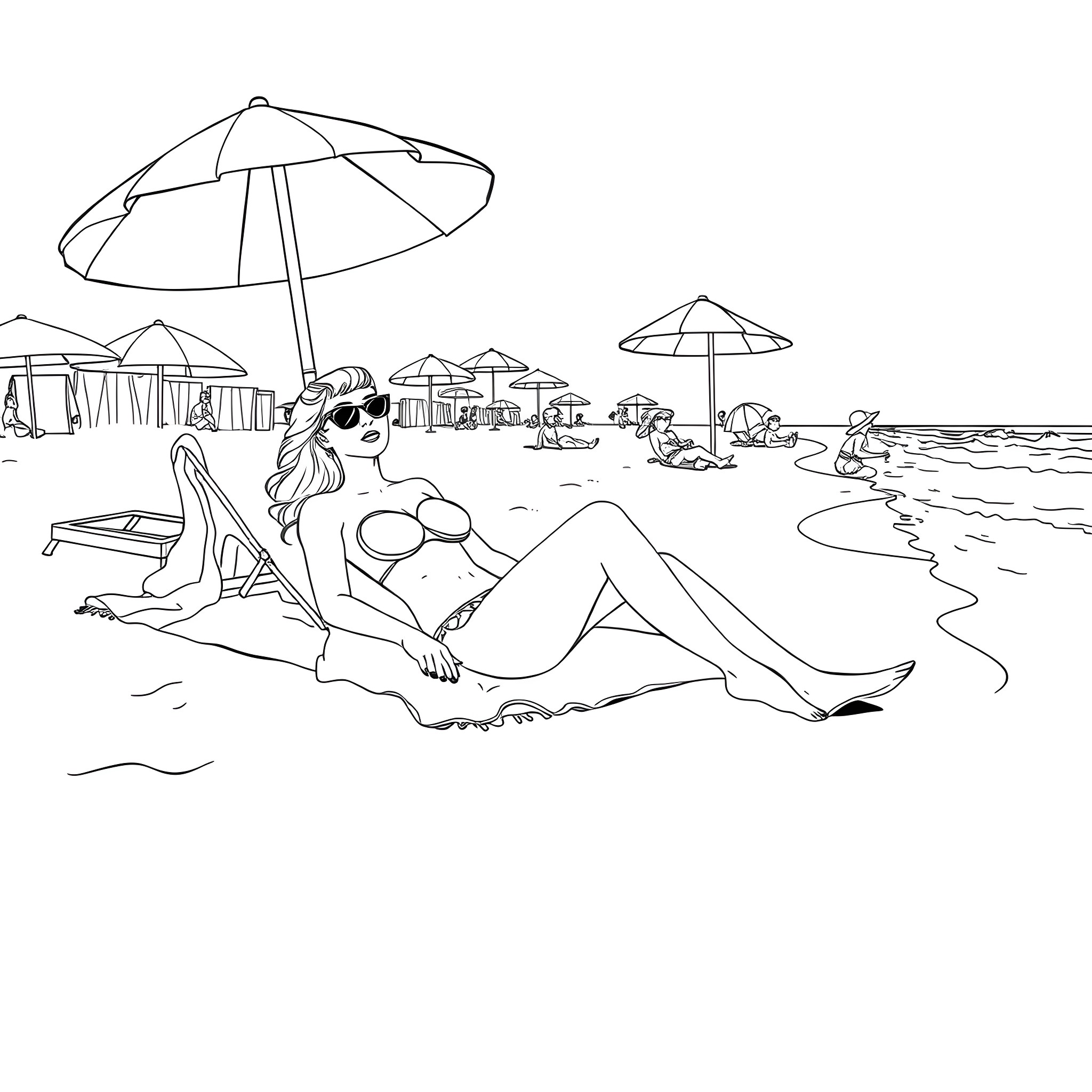 Girl relaxing on the beach under umbrellas Coloring Page (free black-and-white line drawing printable PDF for all, from beginners to advanced learners, including children, teens, adults, and seniors)