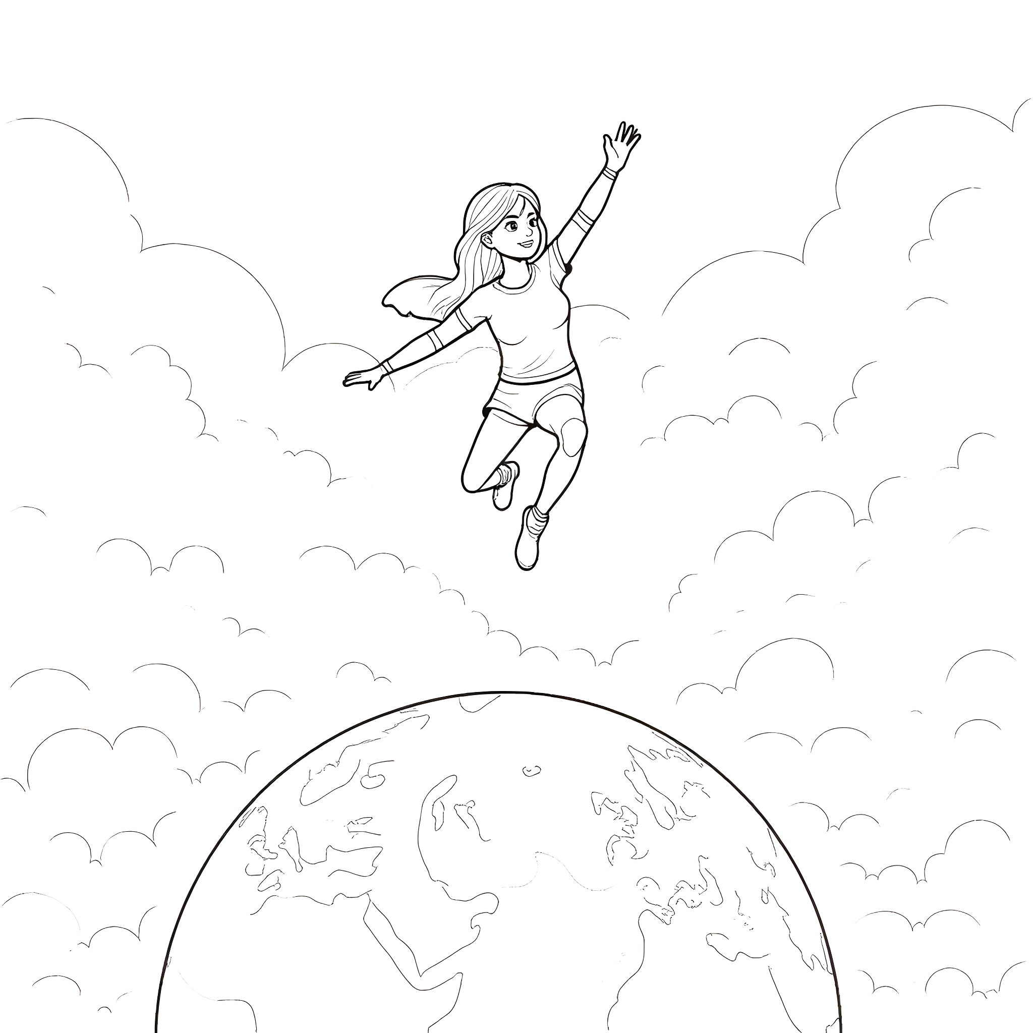 Skye's Joyful Leap Above the World Coloring Page (free black-and-white line drawing printable PDF for all, from beginners to advanced learners, including children, teens, adults, and seniors)