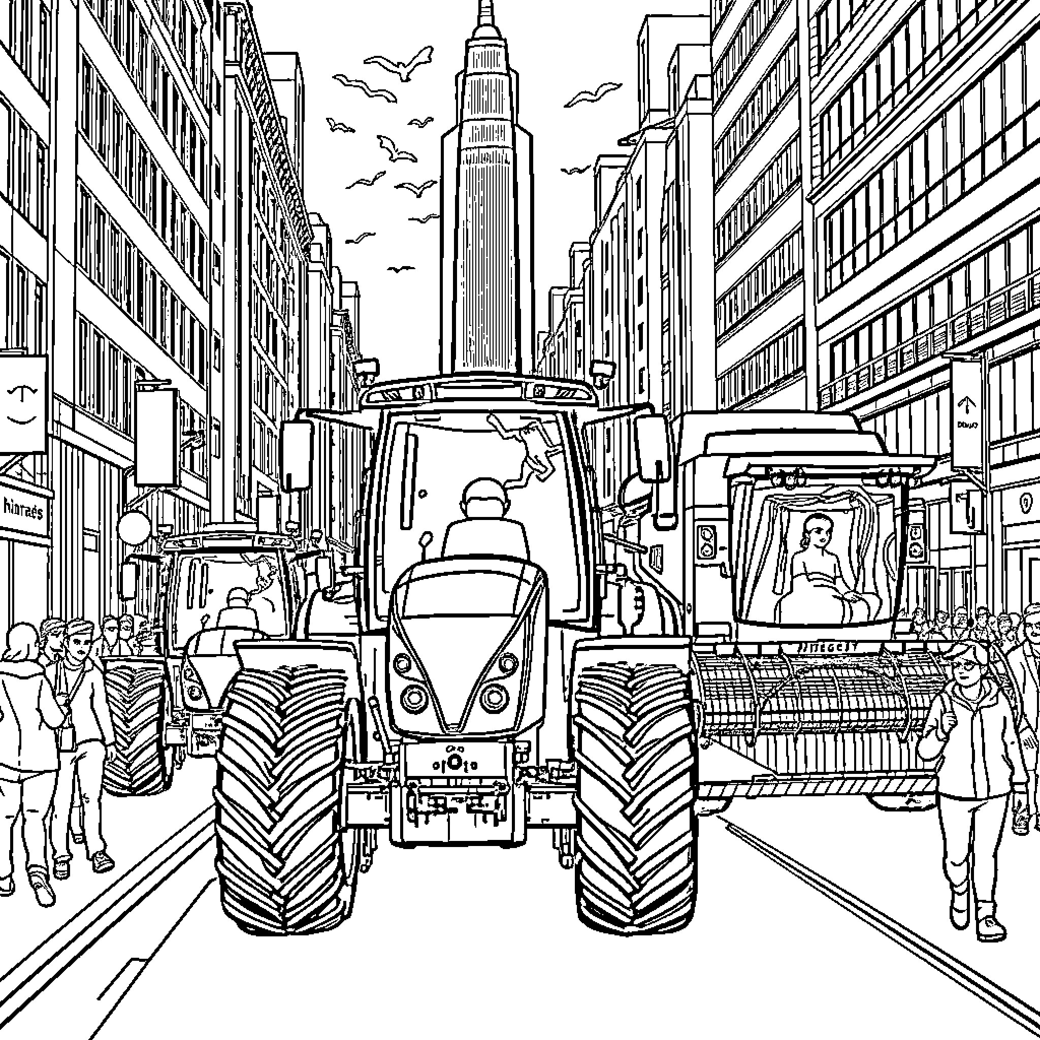 Tractor driving down the busy city streets Coloring Page (free black-and-white line drawing printable PDF for all, from beginners to advanced learners, including children, teens, adults, and seniors)
