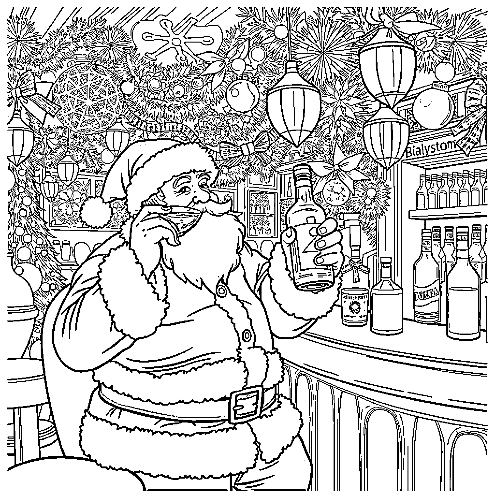 Santa's Festive Celebration with Decorations and Drinks Coloring Page (free black-and-white line drawing printable PDF for all, from beginners to advanced learners, including children, teens, adults, and seniors)