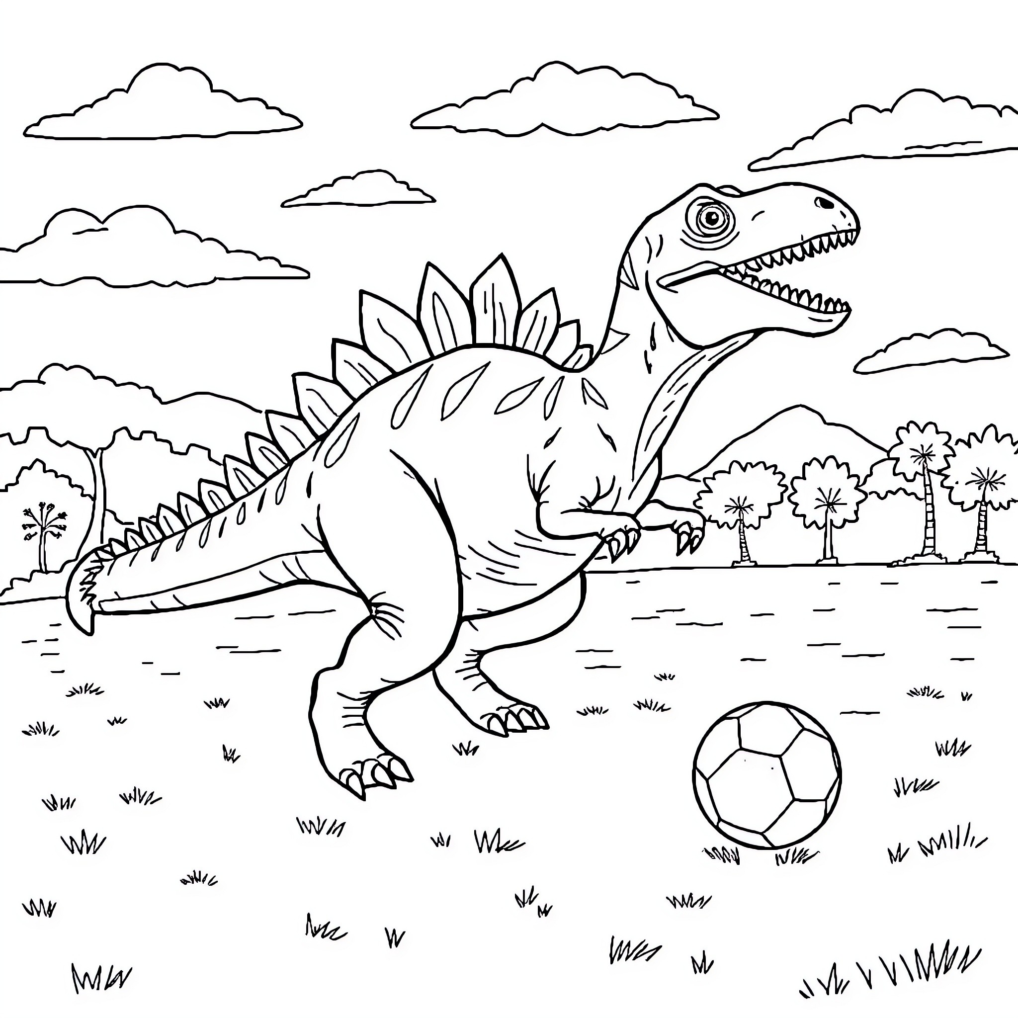 Spinosaurus playing with a soccer ball in a lush landscape Coloring Page (free black-and-white line drawing printable PDF for all, from beginners to advanced learners, including children, teens, adults, and seniors)