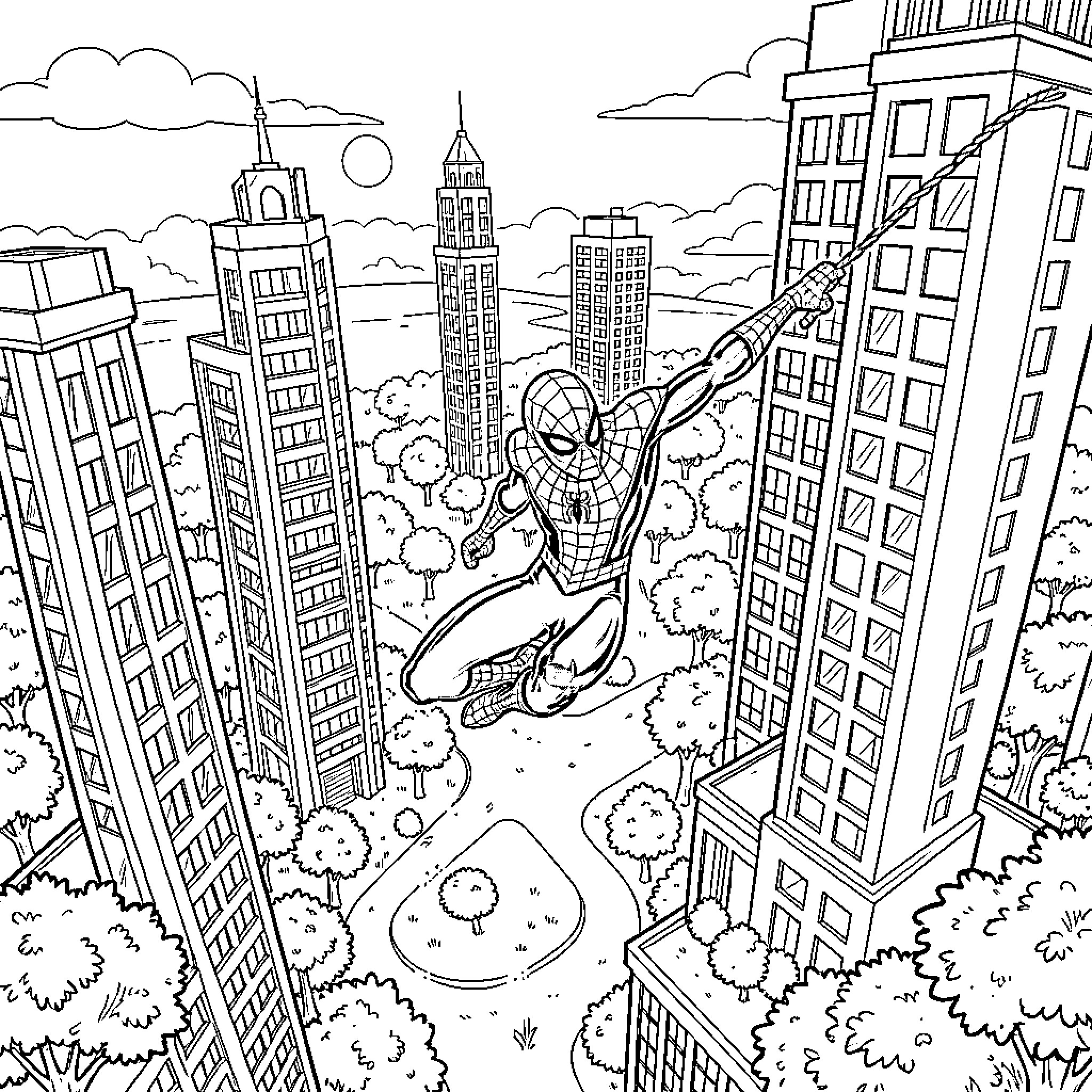 Spiderman swinging through a cityscape between tall buildings Coloring Page (free black-and-white line drawing printable PDF for all, from beginners to advanced learners, including children, teens, adults, and seniors)