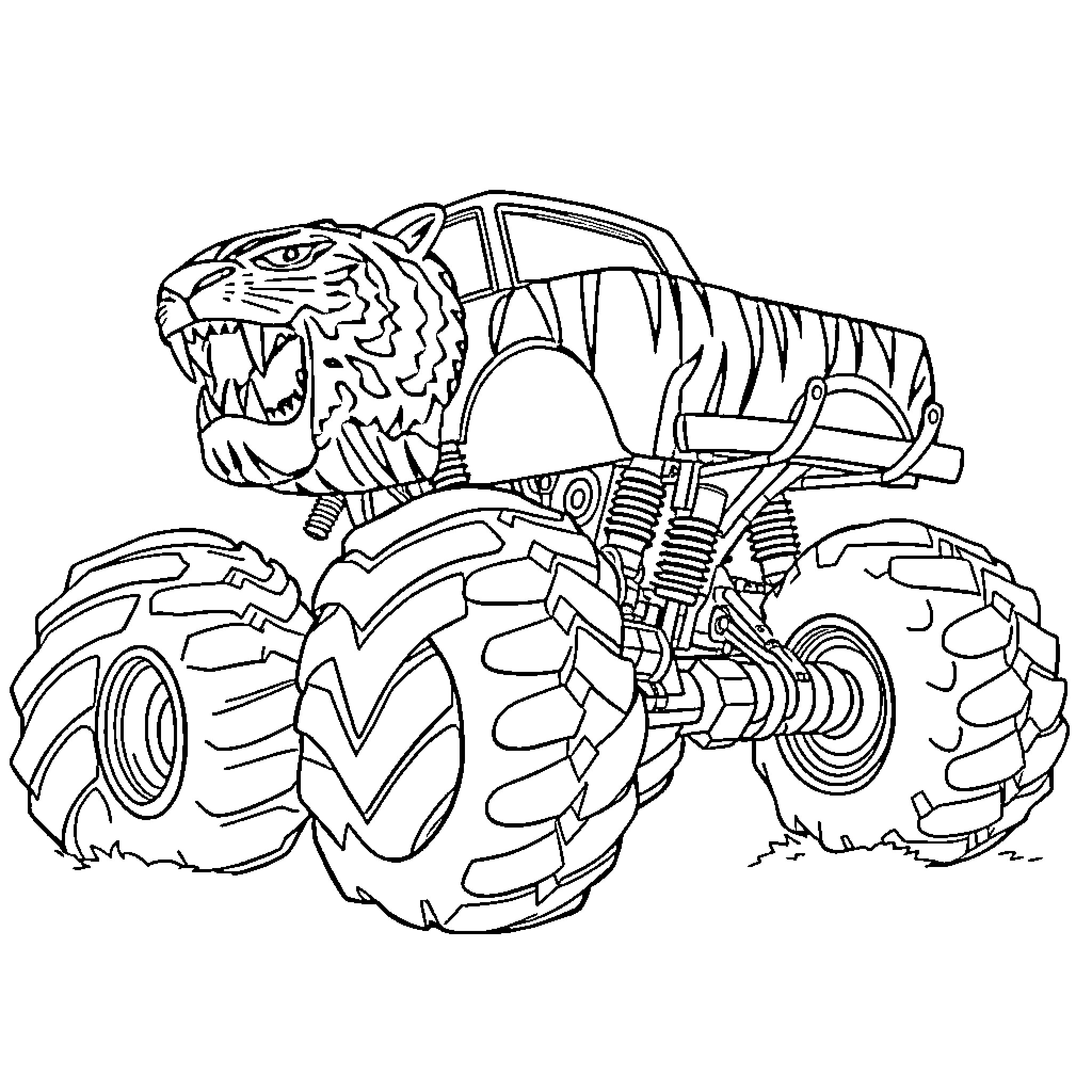 Tiger Monster Truck Roaring in Action Coloring Page (free black-and-white line drawing printable PDF for all, from beginners to advanced learners, including children, teens, adults, and seniors)