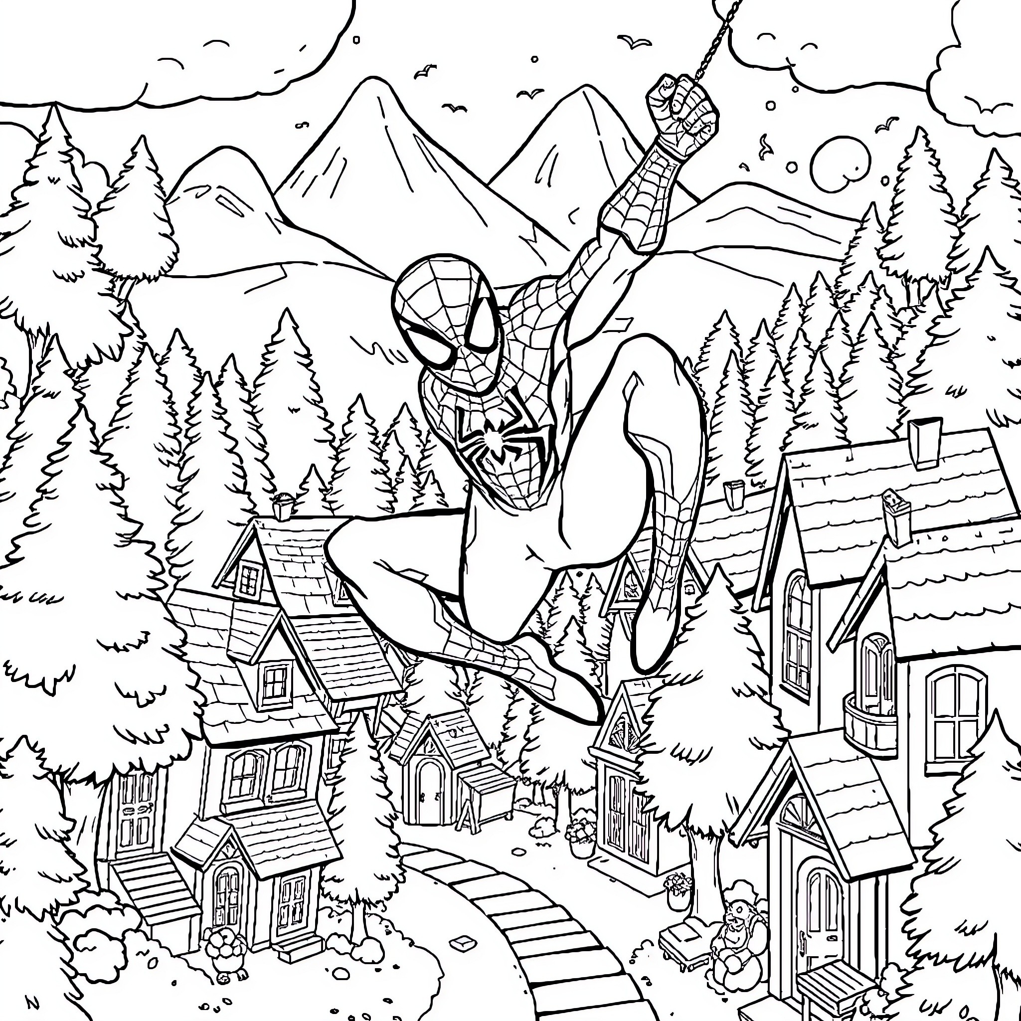 Spiderman swinging through a picturesque mountain village Coloring Page (free black-and-white line drawing printable PDF for all, from beginners to advanced learners, including children, teens, adults, and seniors)