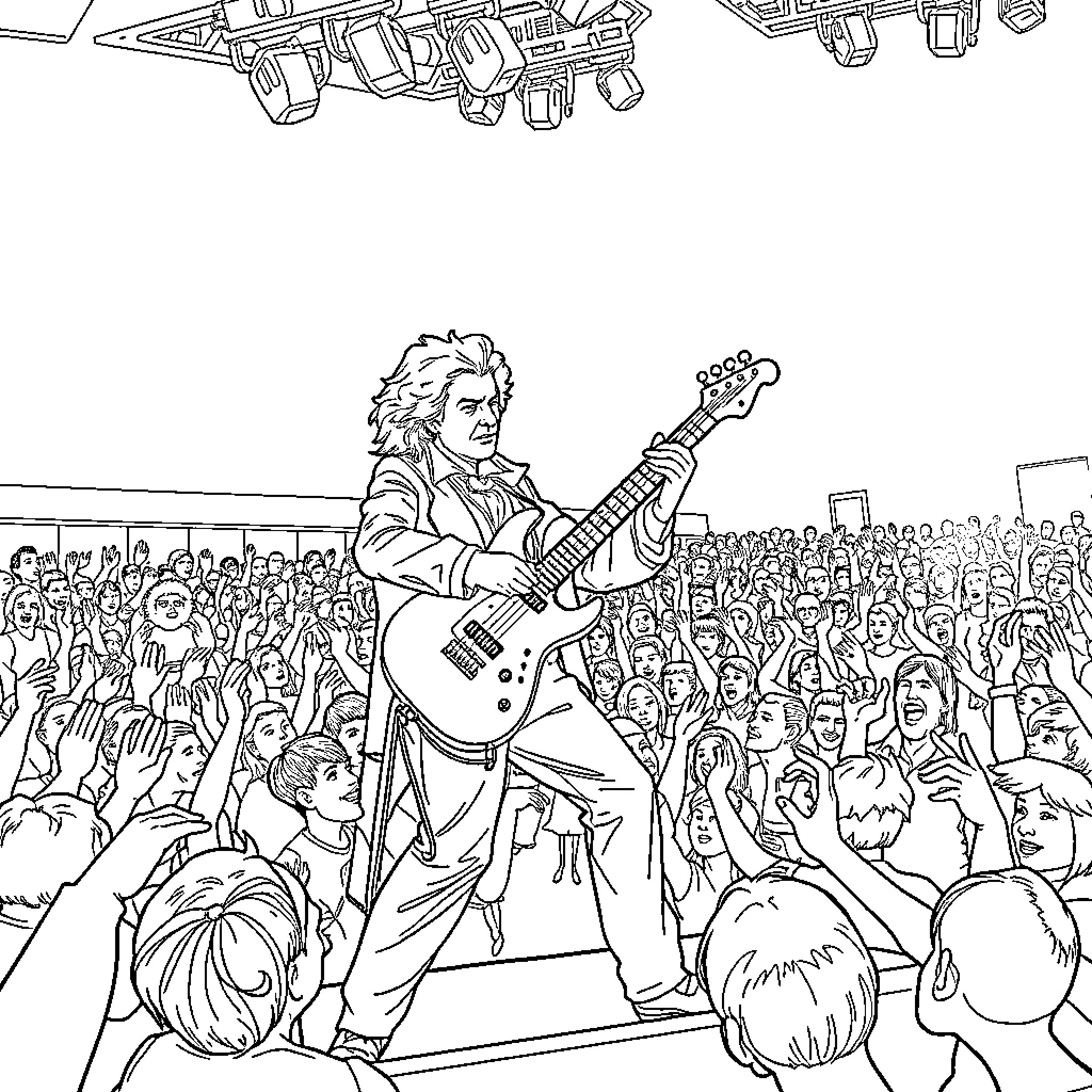 Beethoven Performs Energetic Rock Concert for Cheering Crowd Coloring Page (free black-and-white line drawing printable PDF for all, from beginners to advanced learners, including children, teens, adults, and seniors)