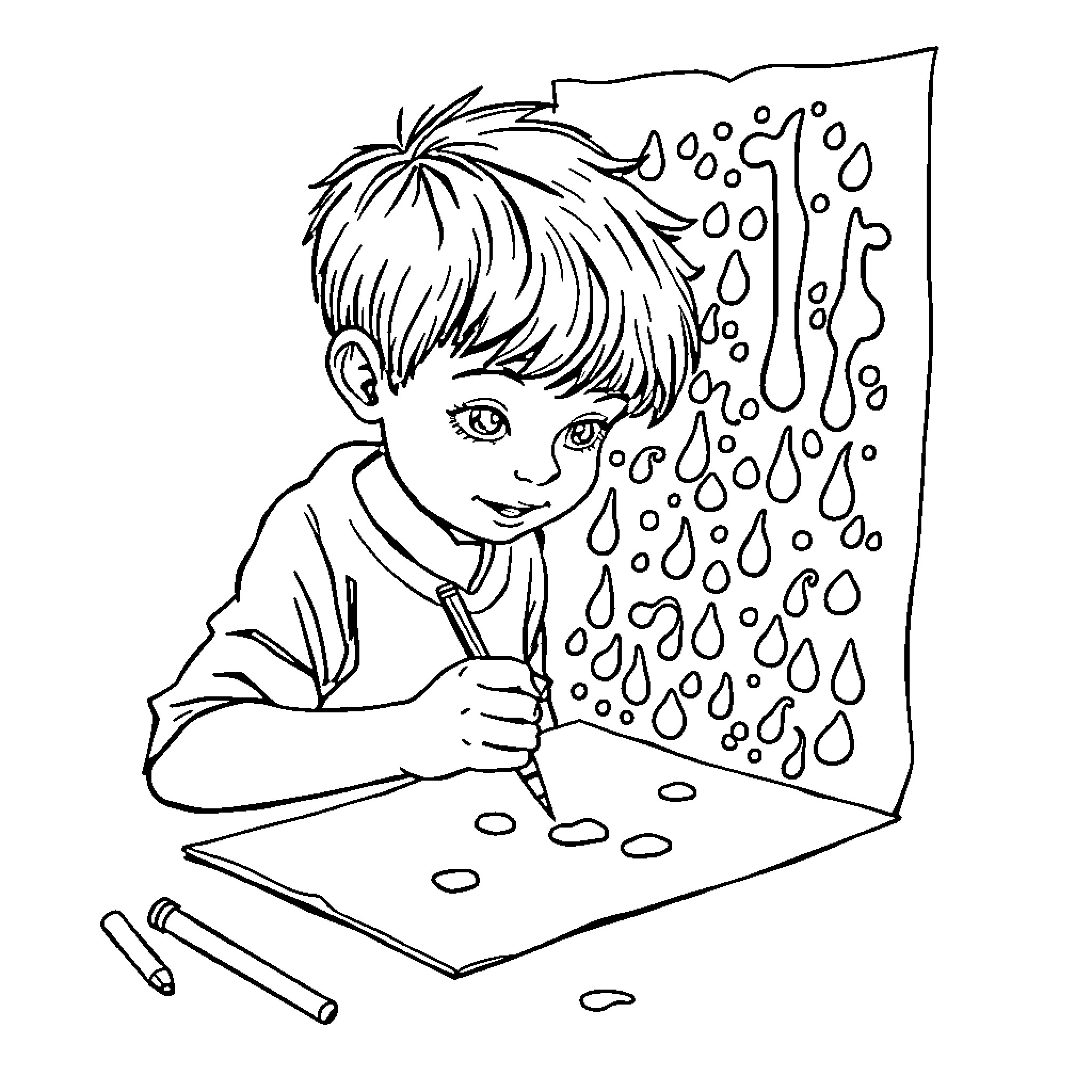 Boy drawing with crayons on a rainy day Coloring Page (free black-and-white line drawing printable PDF for all, from beginners to advanced learners, including children, teens, adults, and seniors)