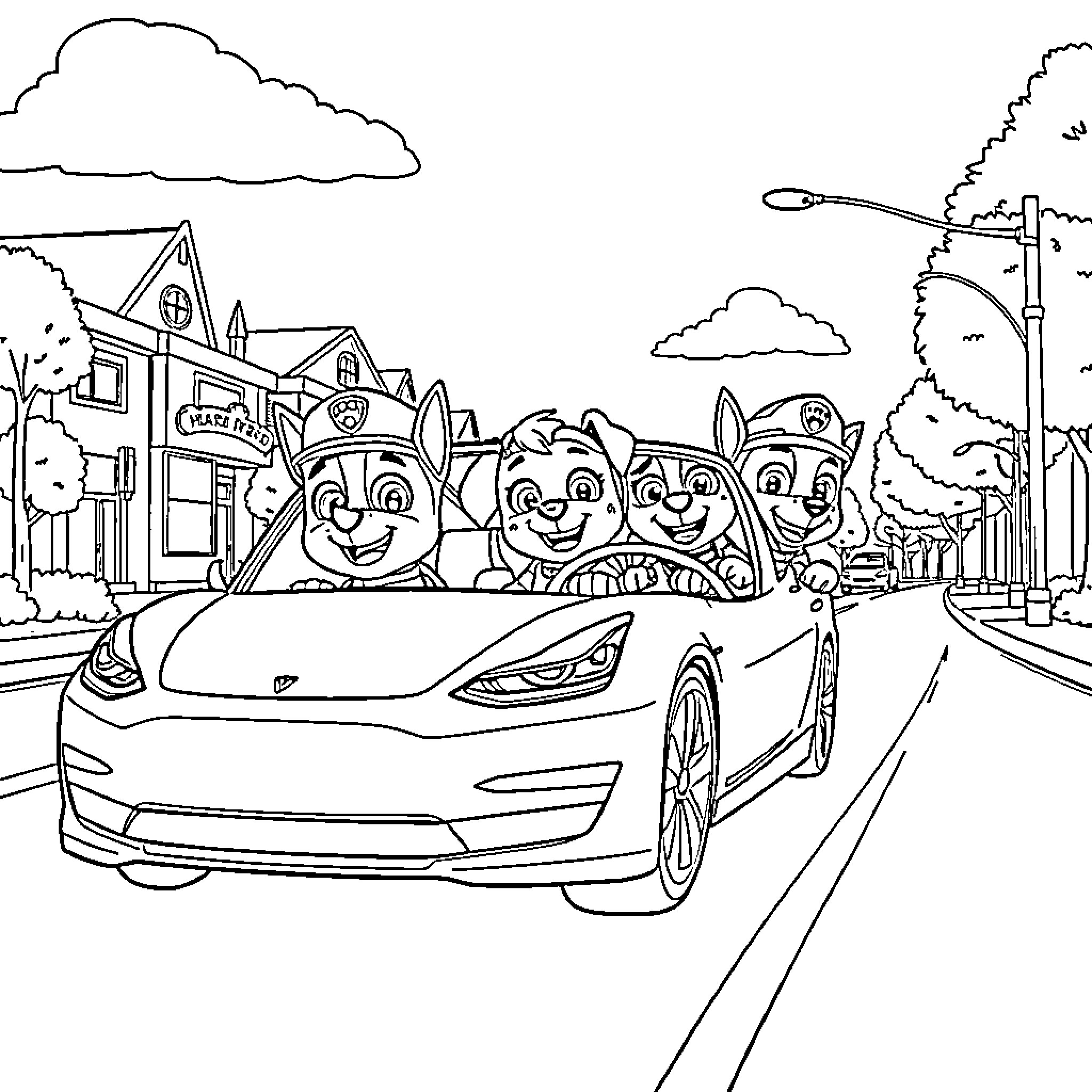 Paw Patrol characters ride in a sports car Coloring Page (free black-and-white line drawing printable PDF for all, from beginners to advanced learners, including children, teens, adults, and seniors)