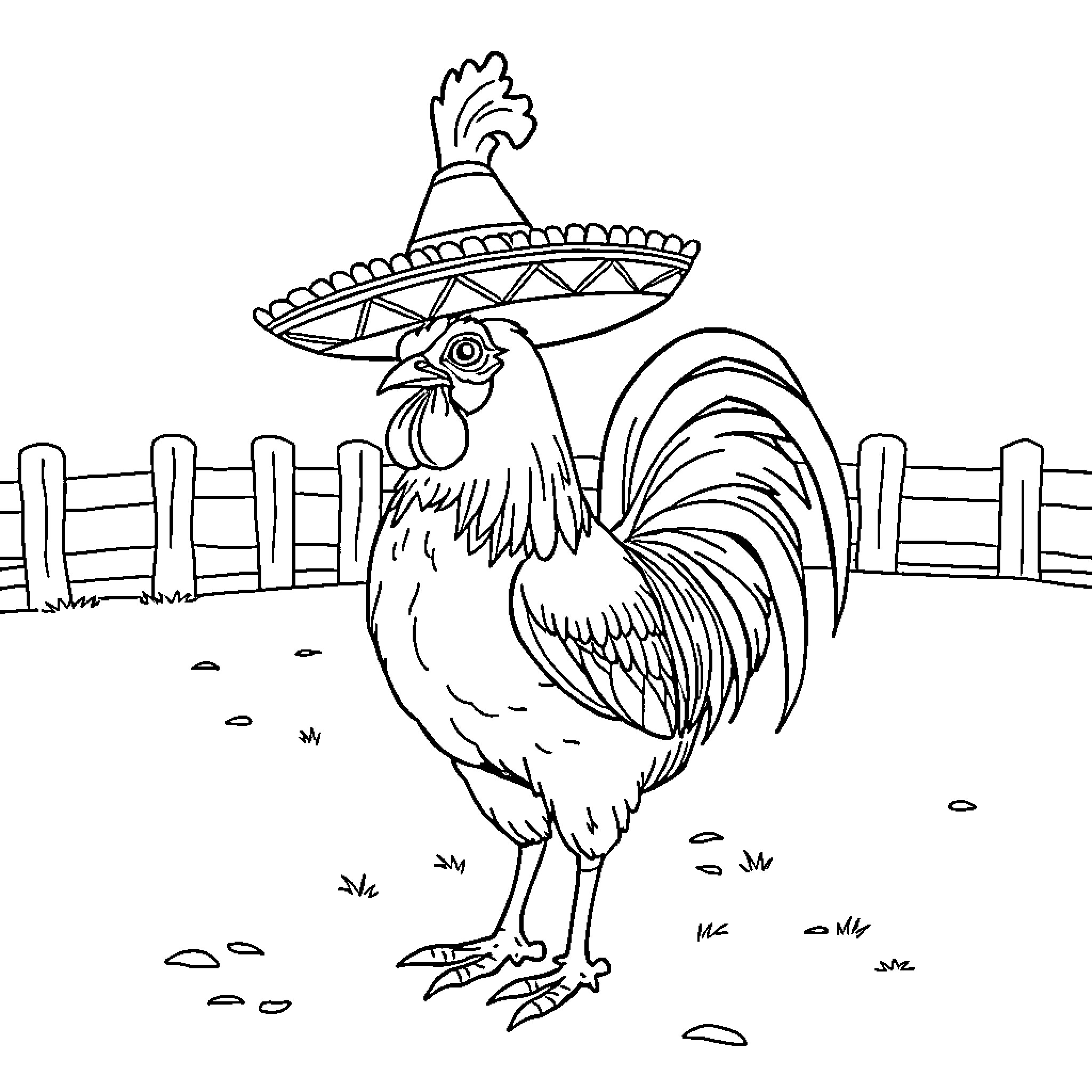 Rooster displaying its ornate feathers in a farm setting Coloring Page (free black-and-white line drawing printable PDF for all, from beginners to advanced learners, including children, teens, adults, and seniors)