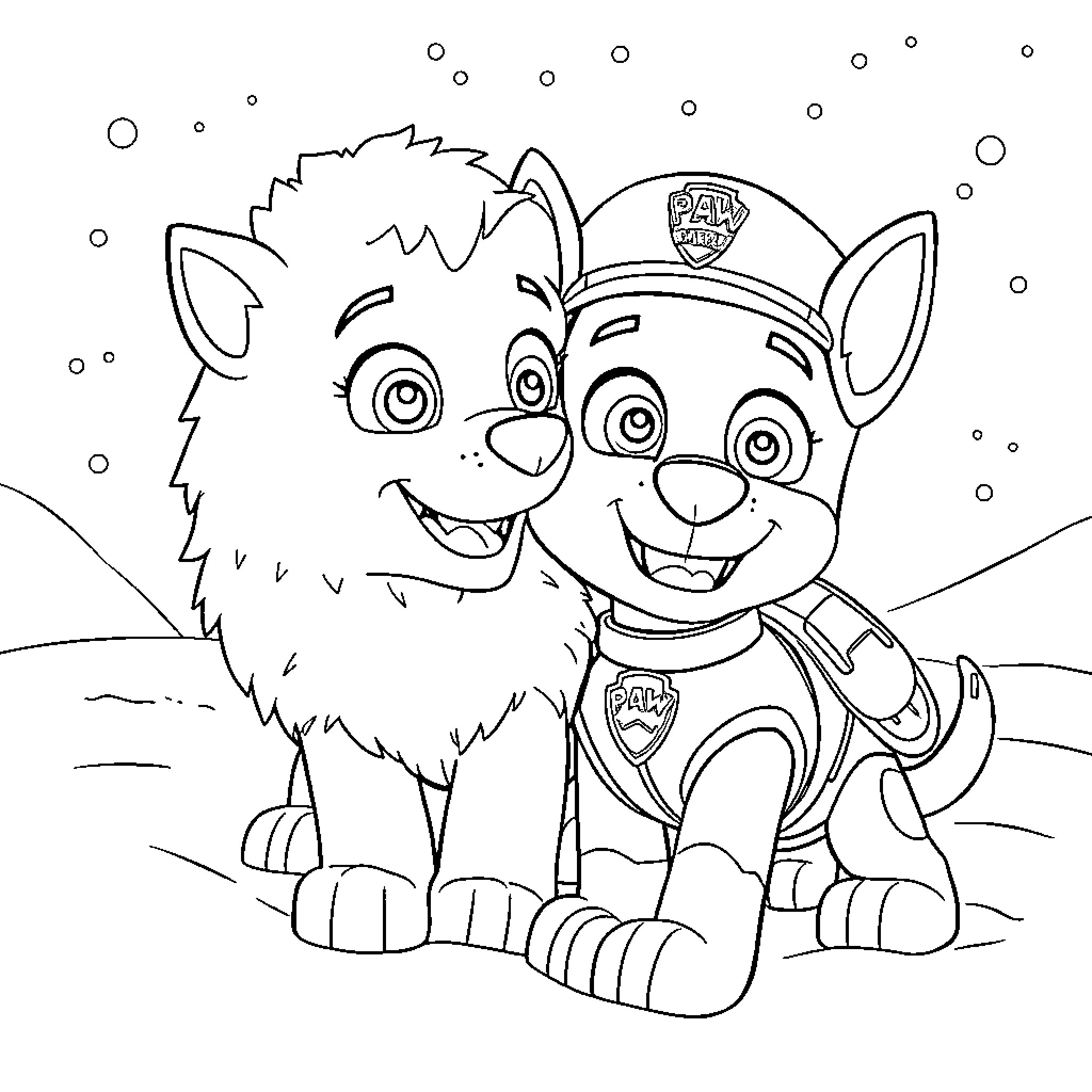 Chase the Puppy's Winter Adventure Coloring Page (free black-and-white line drawing printable PDF for all, from beginners to advanced learners, including children, teens, adults, and seniors)