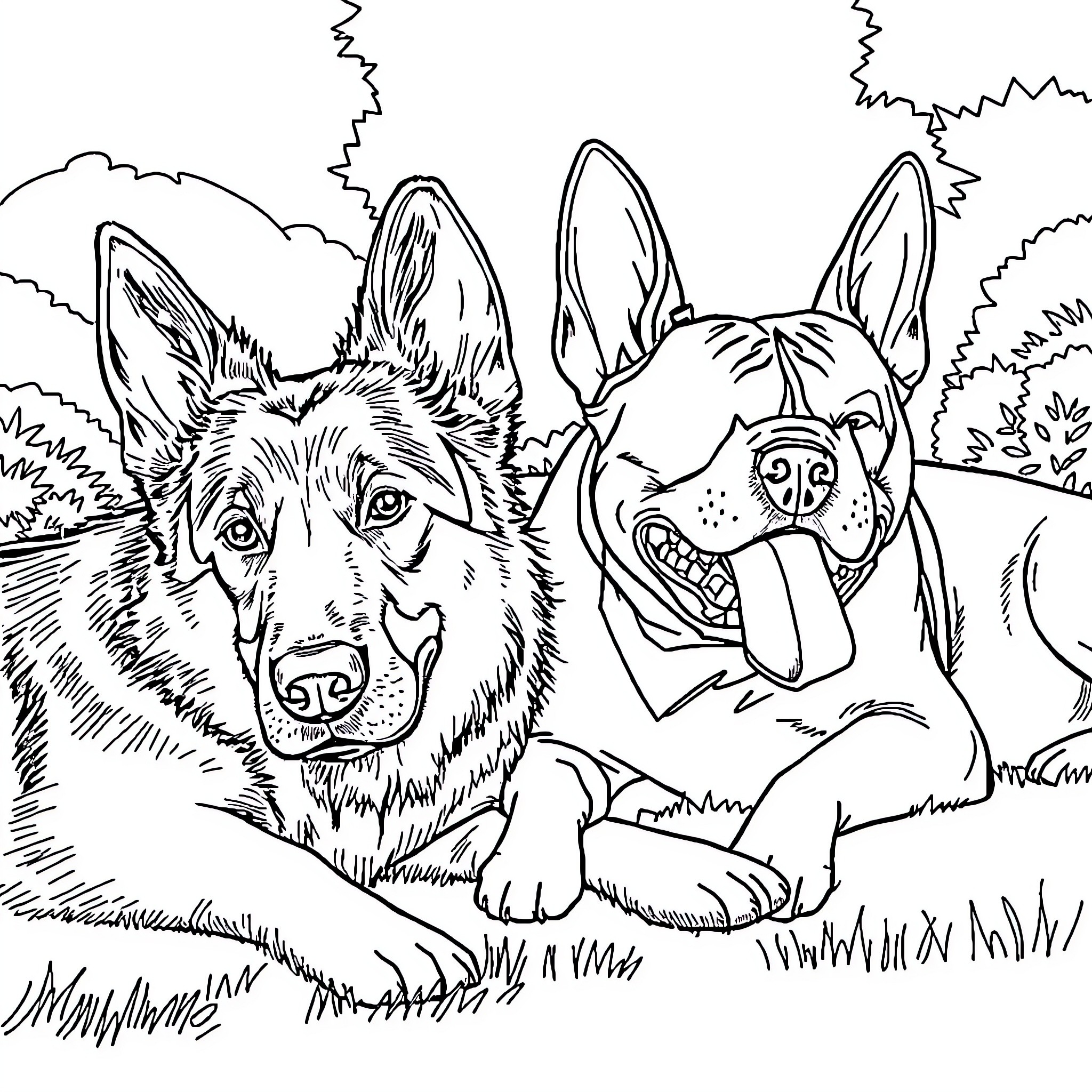 Dog friends enjoying the outdoors together Coloring Page (free black-and-white line drawing printable PDF for all, from beginners to advanced learners, including children, teens, adults, and seniors)