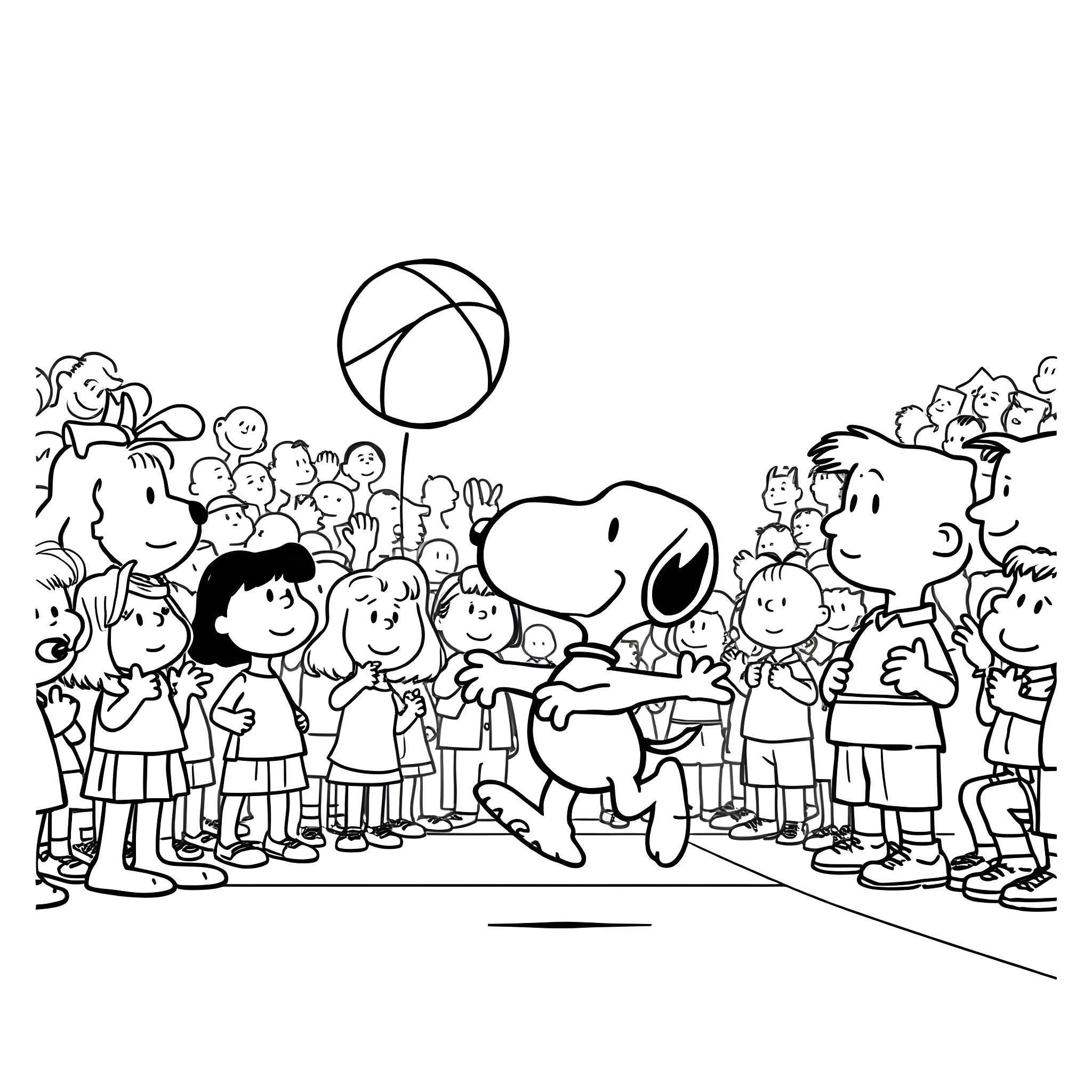 Snoopy and the Gang Playing Basketball Coloring Page (free black-and-white line drawing printable PDF for all, from beginners to advanced learners, including children, teens, adults, and seniors)