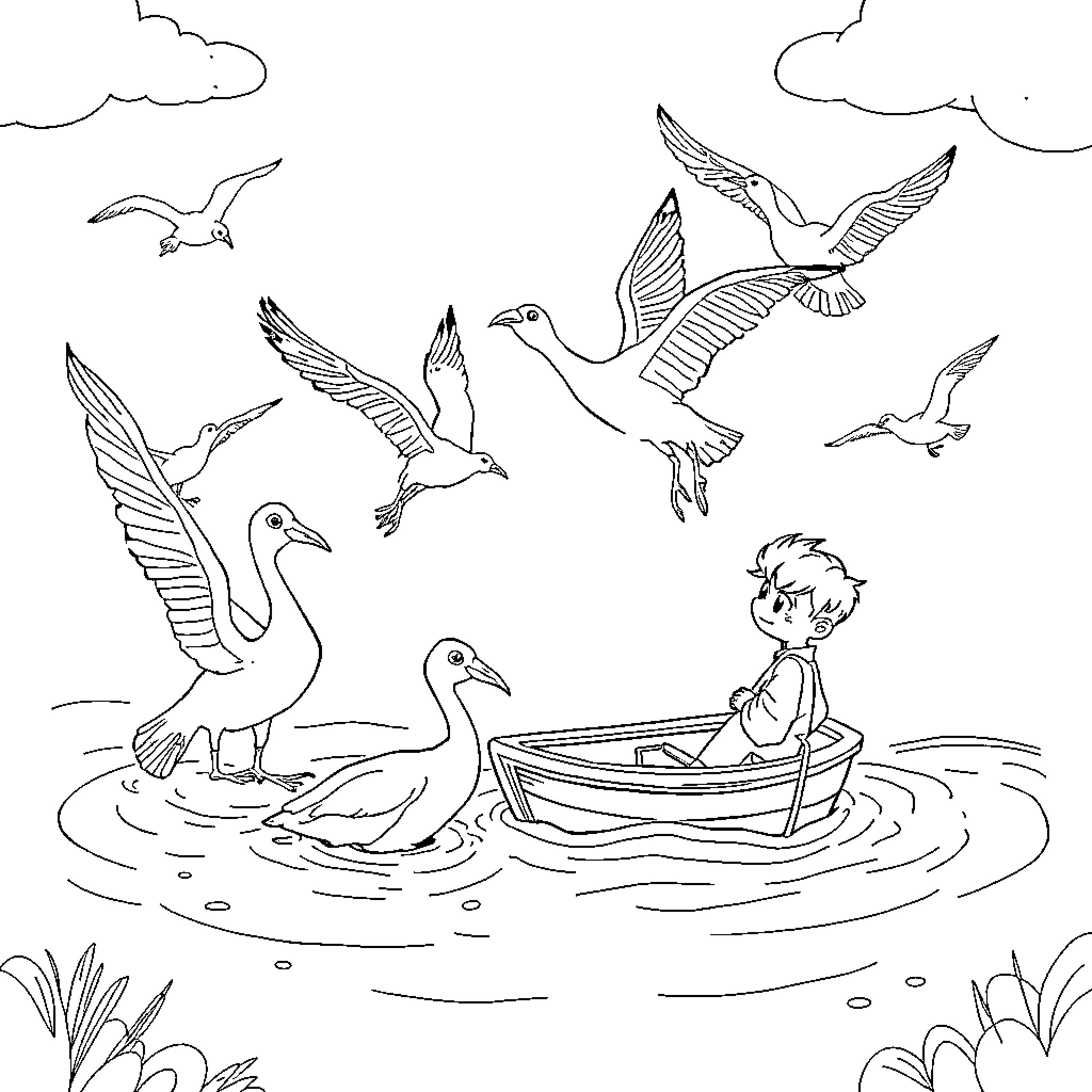 Seal playing with birds on the water Coloring Page (free black-and-white line drawing printable PDF for all, from beginners to advanced learners, including children, teens, adults, and seniors)