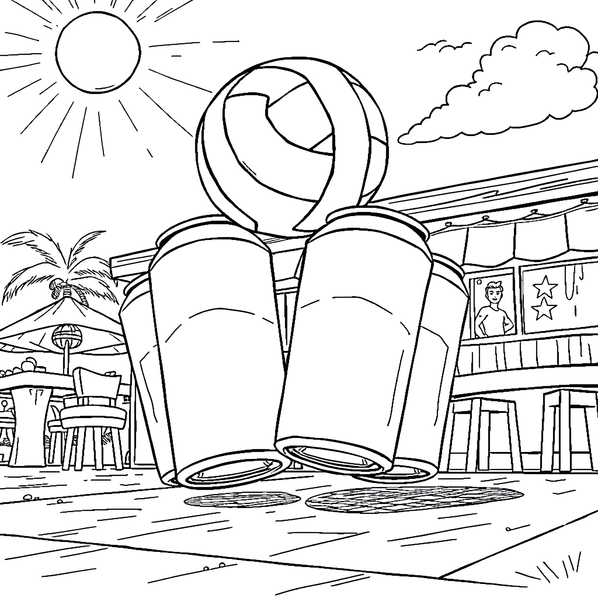 Beer Can Beach Day with Volleyball Fun Coloring Page (free black-and-white line drawing printable PDF for all, from beginners to advanced learners, including children, teens, adults, and seniors)