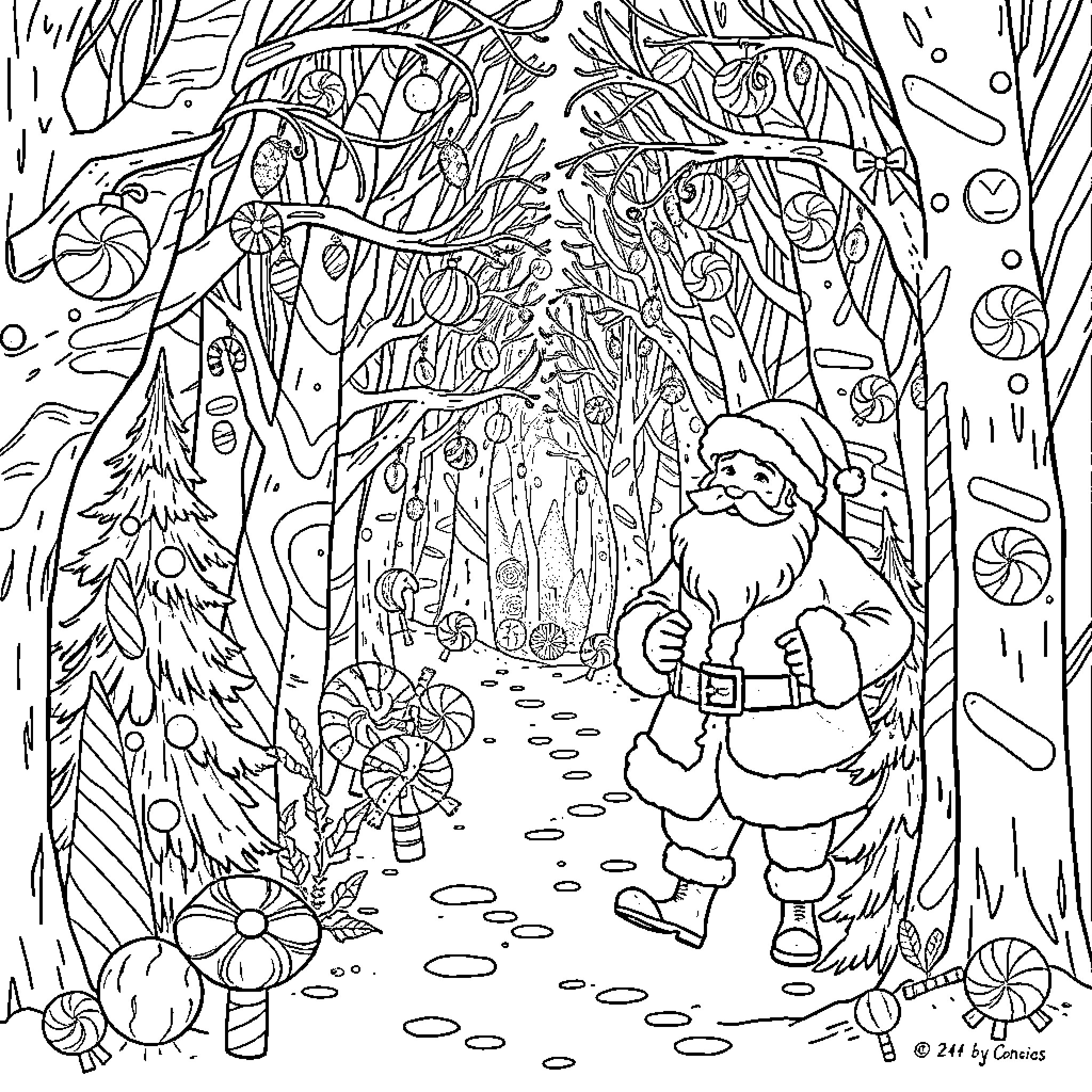 Santa's Enchanted Winter Wonderland Coloring Page (free black-and-white line drawing printable PDF for all, from beginners to advanced learners, including children, teens, adults, and seniors)