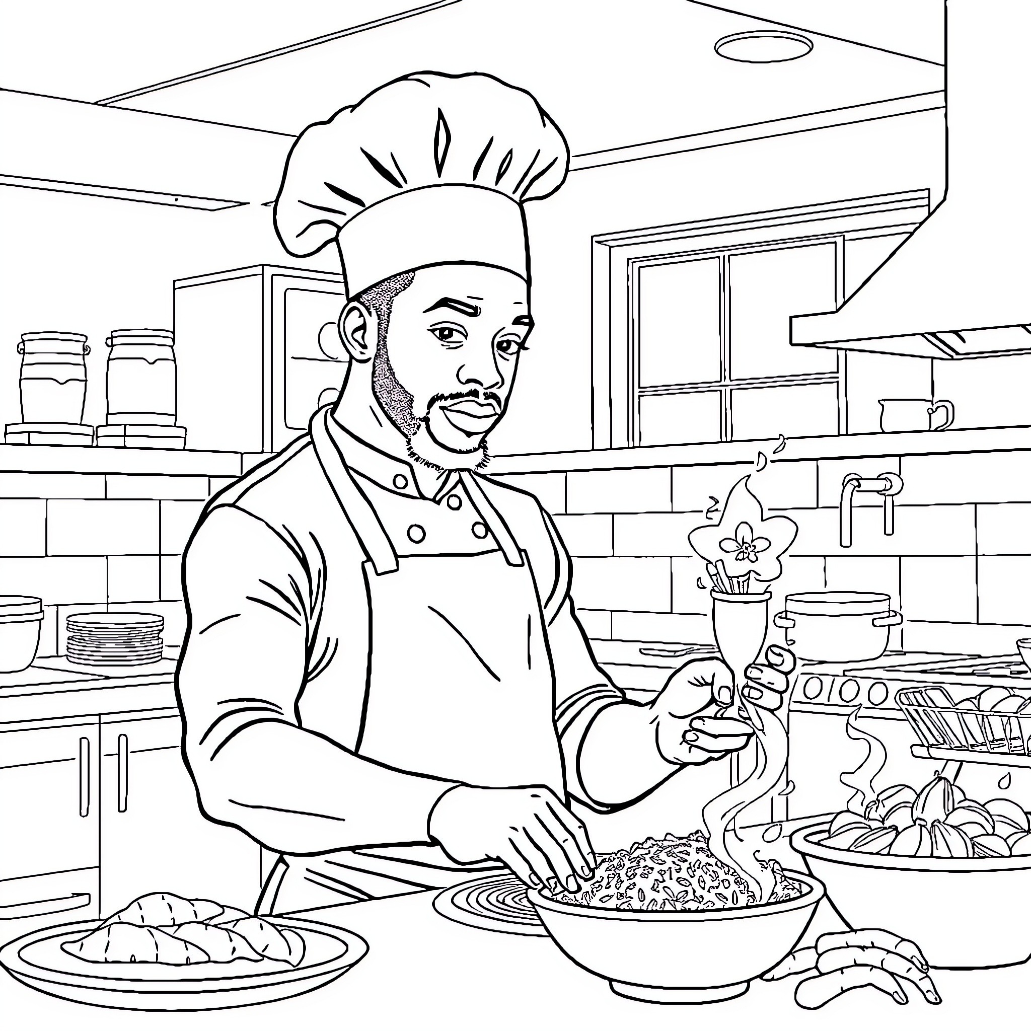 Mbape's Culinary Masterclass in the Kitchen Coloring Page (free black-and-white line drawing printable PDF for all, from beginners to advanced learners, including children, teens, adults, and seniors)