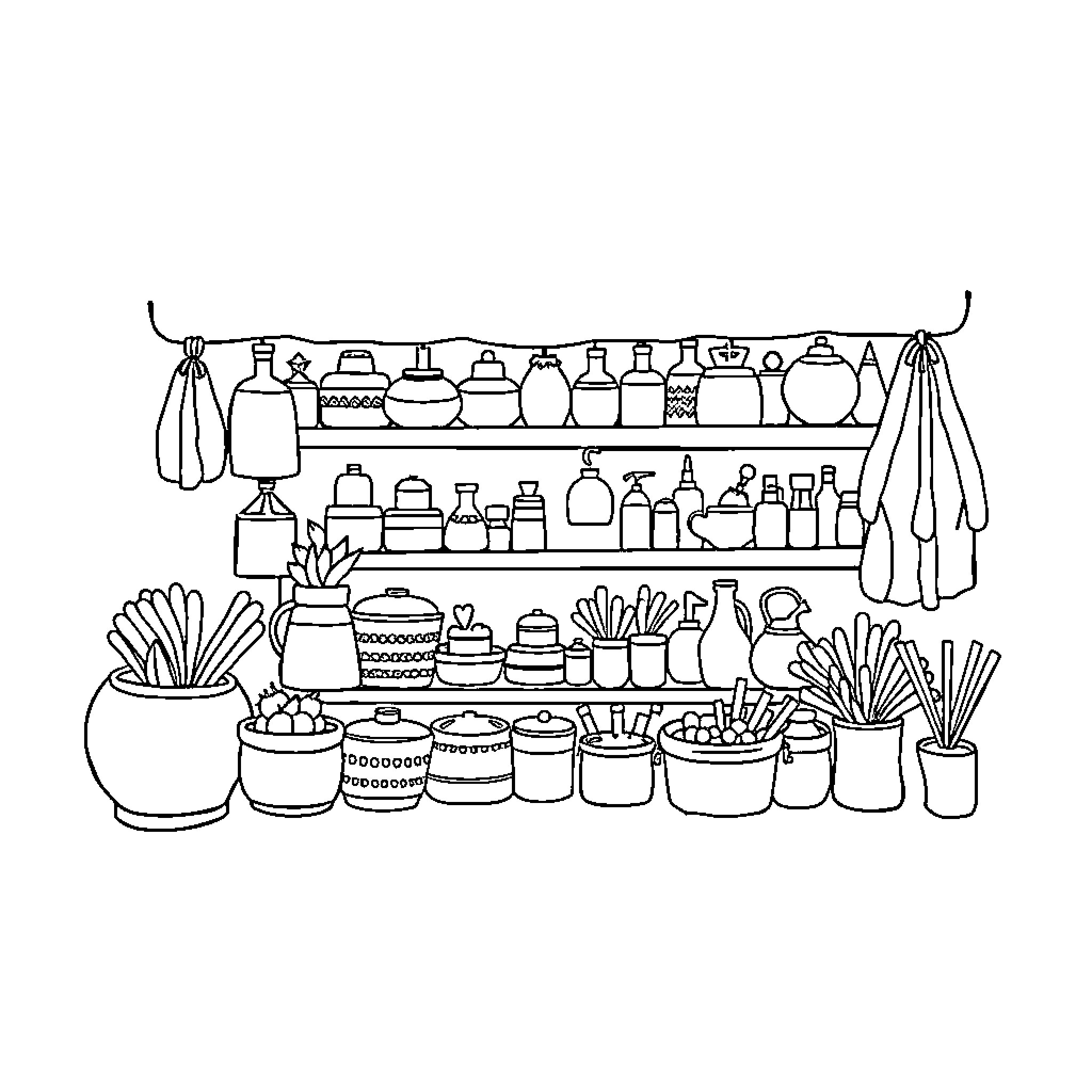 Shop display of various ceramic and glass containers Coloring Page (free black-and-white line drawing printable PDF for all, from beginners to advanced learners, including children, teens, adults, and seniors)
