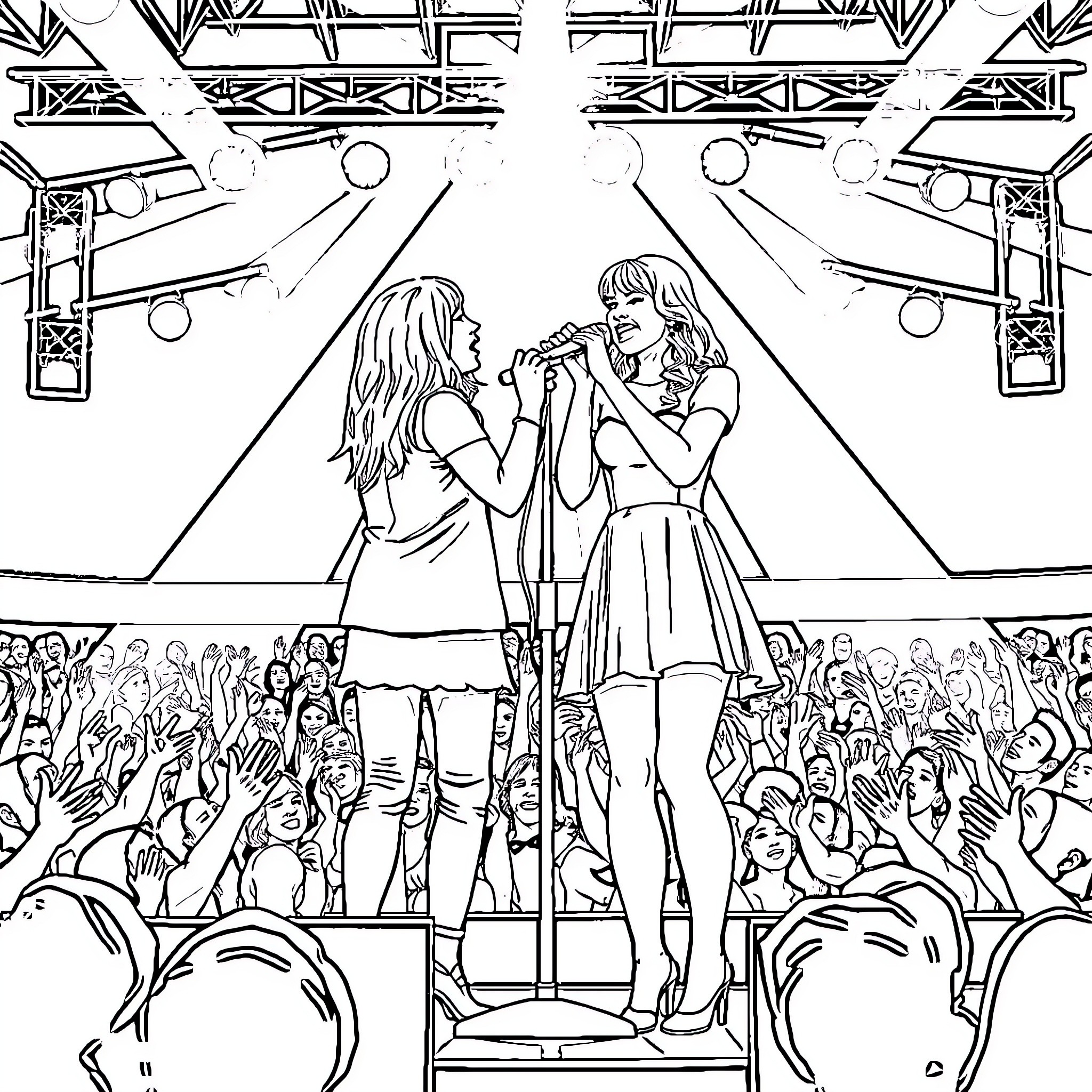 Nessa Barrett performing on stage with backup singer Coloring Page (free black-and-white line drawing printable PDF for all, from beginners to advanced learners, including children, teens, adults, and seniors)