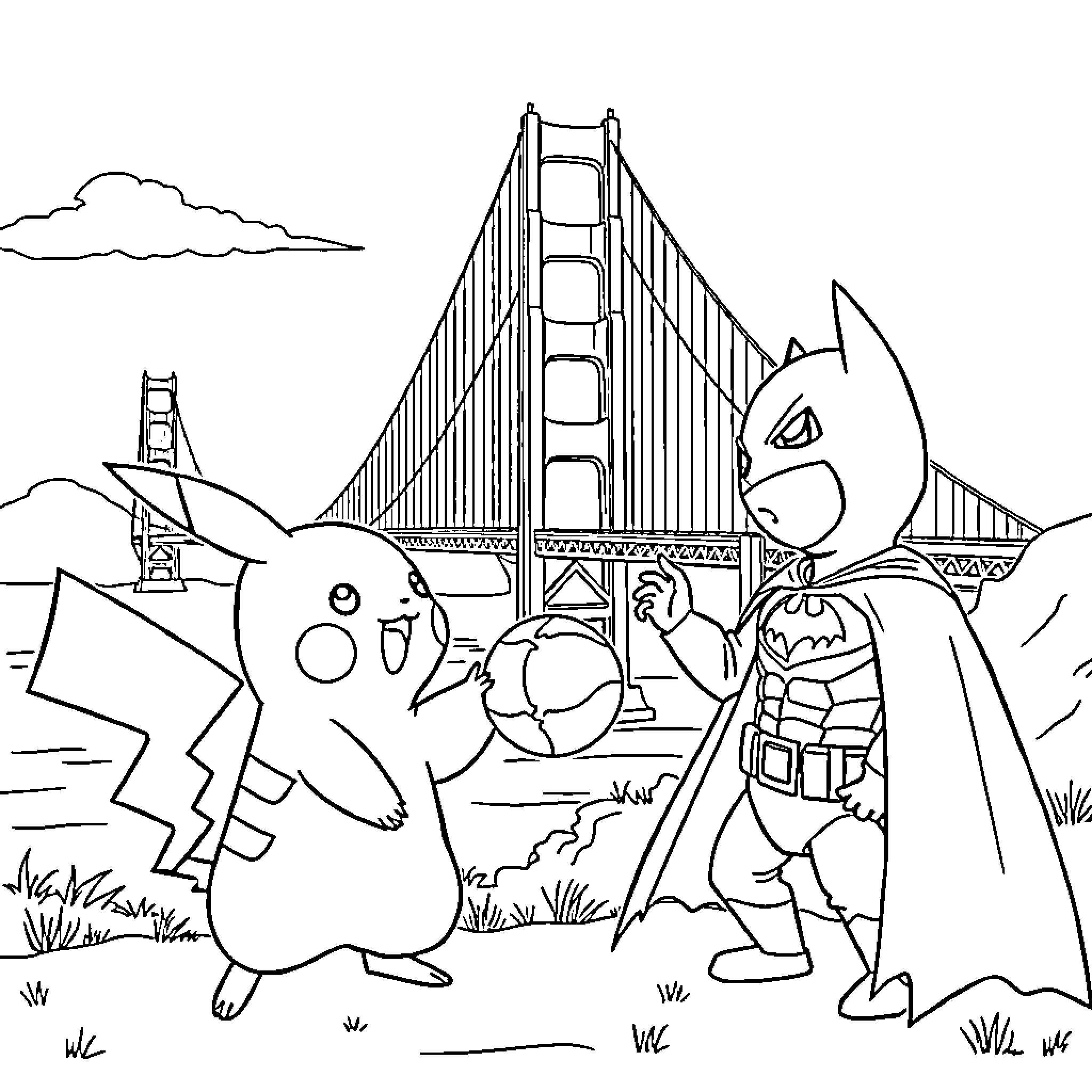 Pikachu and Batman explore San Francisco landmarks Coloring Page (free black-and-white line drawing printable PDF for all, from beginners to advanced learners, including children, teens, adults, and seniors)