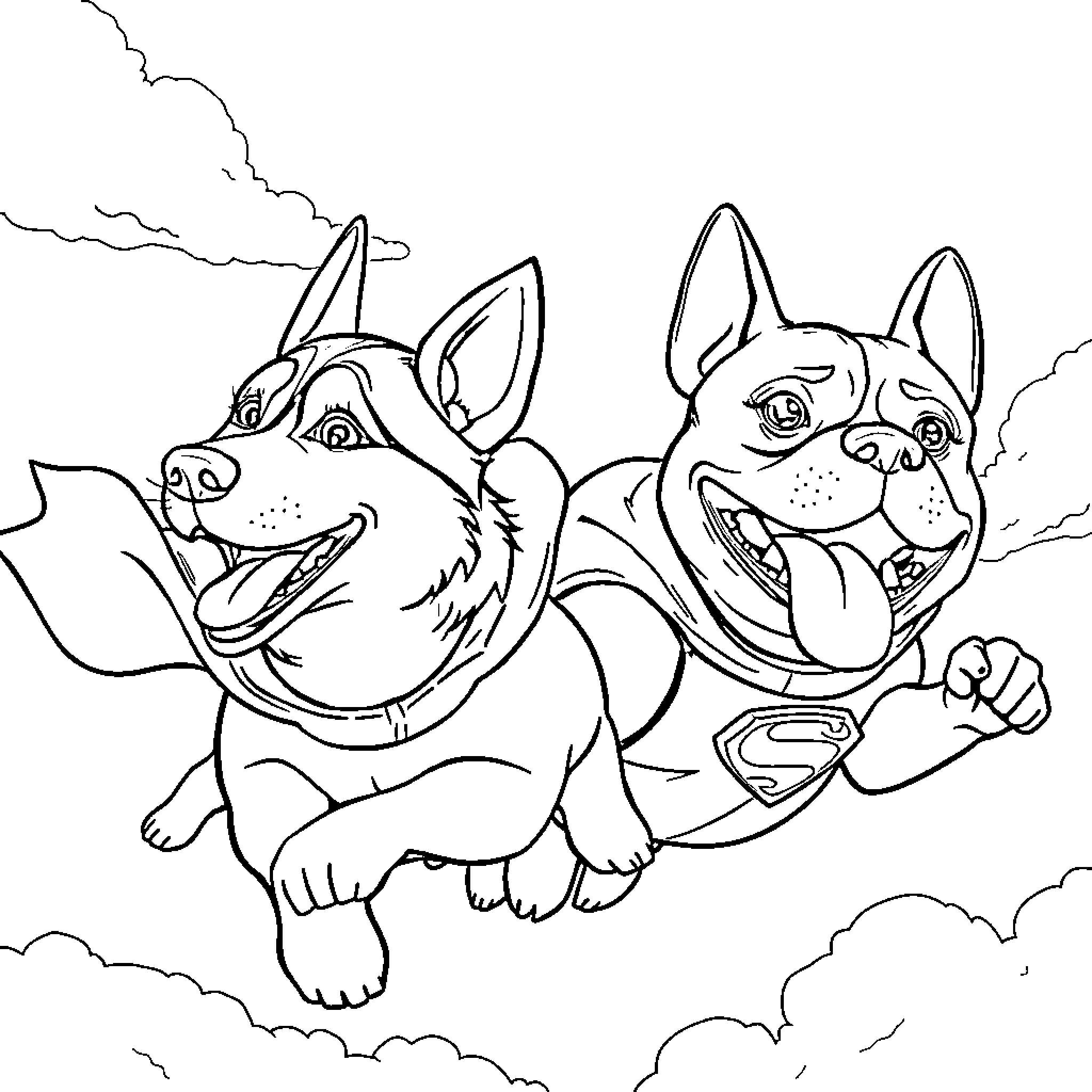 Dog Superheroes Flying through the Sky Coloring Page (free black-and-white line drawing printable PDF for all, from beginners to advanced learners, including children, teens, adults, and seniors)