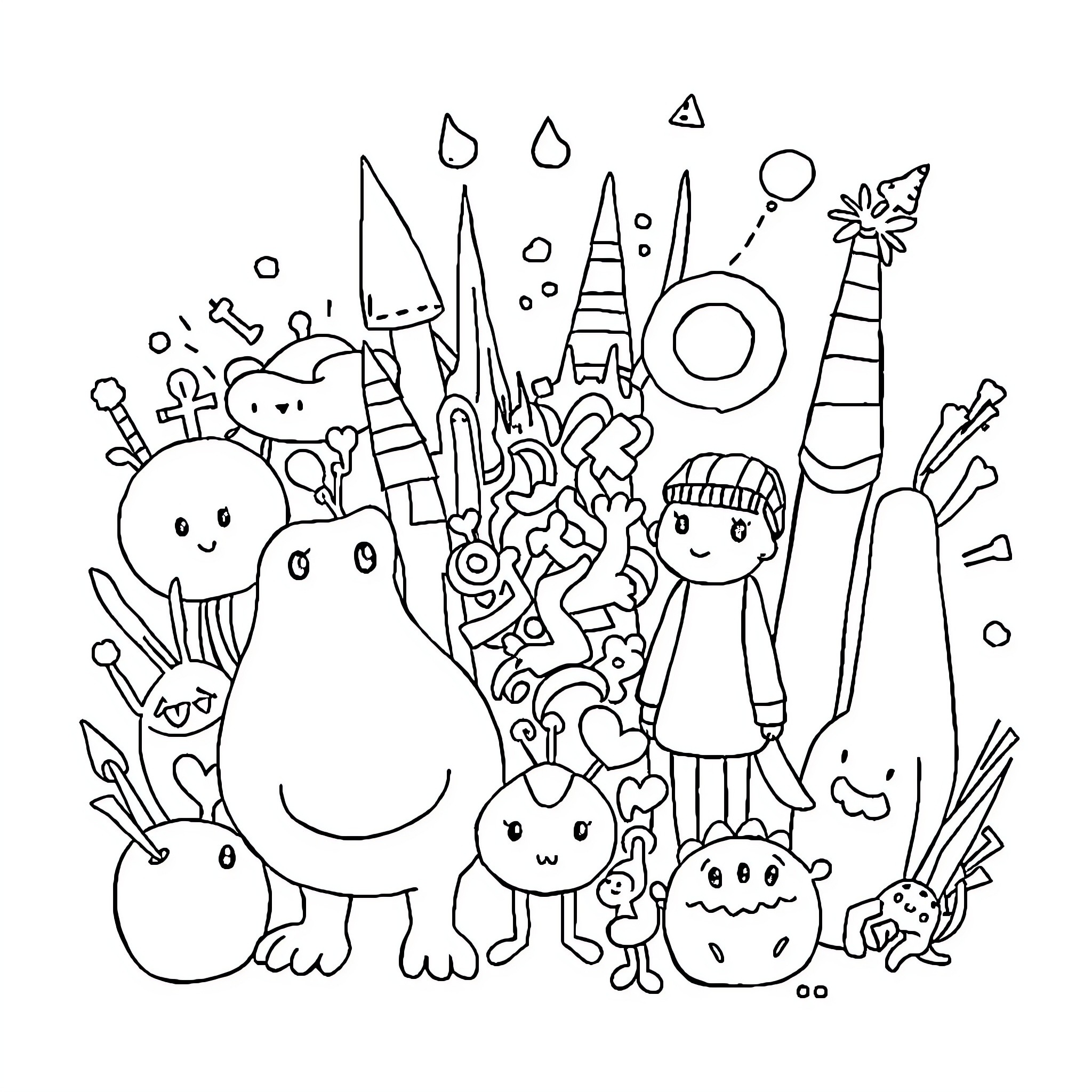 Drawing of Whimsical Fantasy Characters and Objects Coloring Page (free black-and-white line drawing printable PDF for all, from beginners to advanced learners, including children, teens, adults, and seniors)