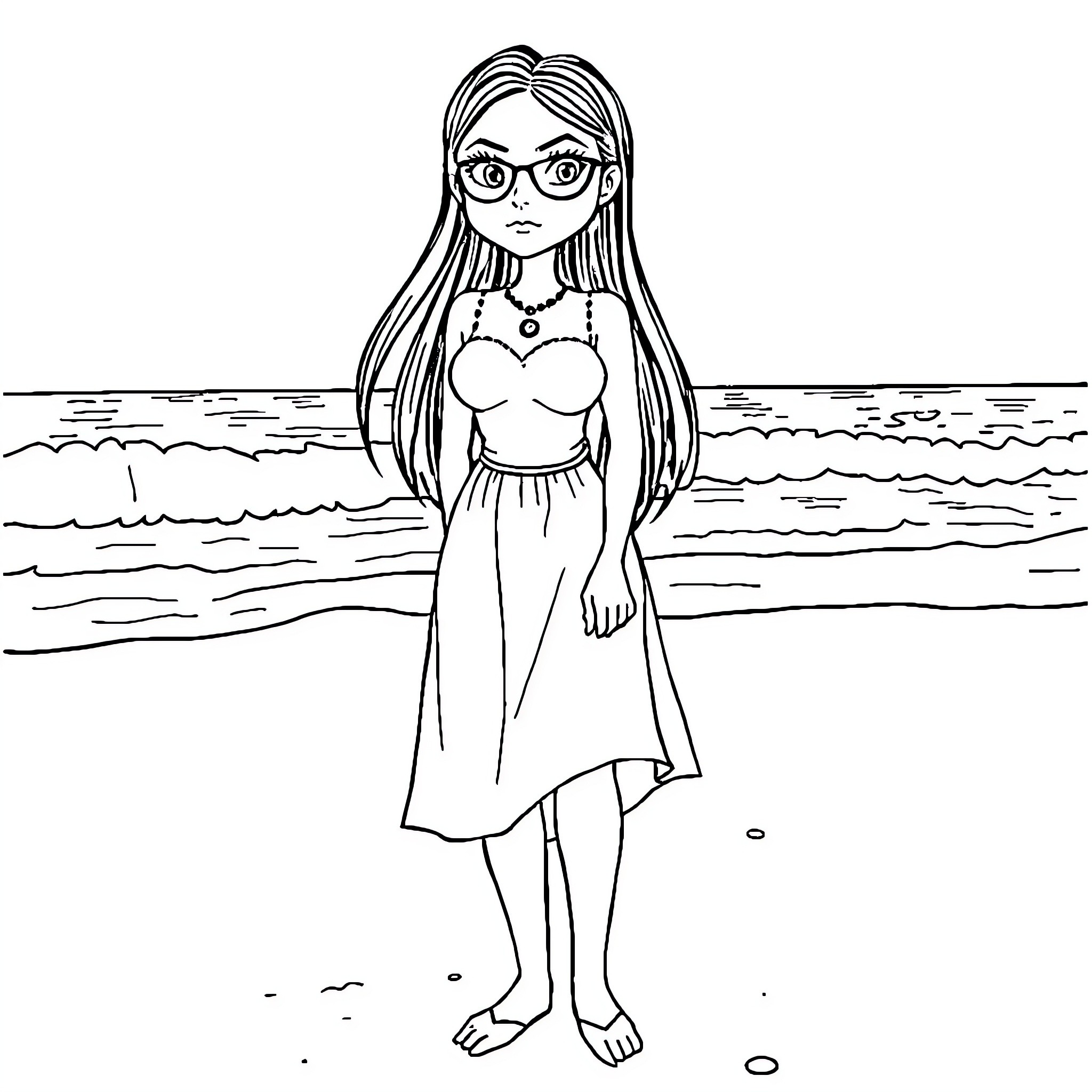 Wednesday Addams enjoying a day at the beach Coloring Page (free black-and-white line drawing printable PDF for all, from beginners to advanced learners, including children, teens, adults, and seniors)