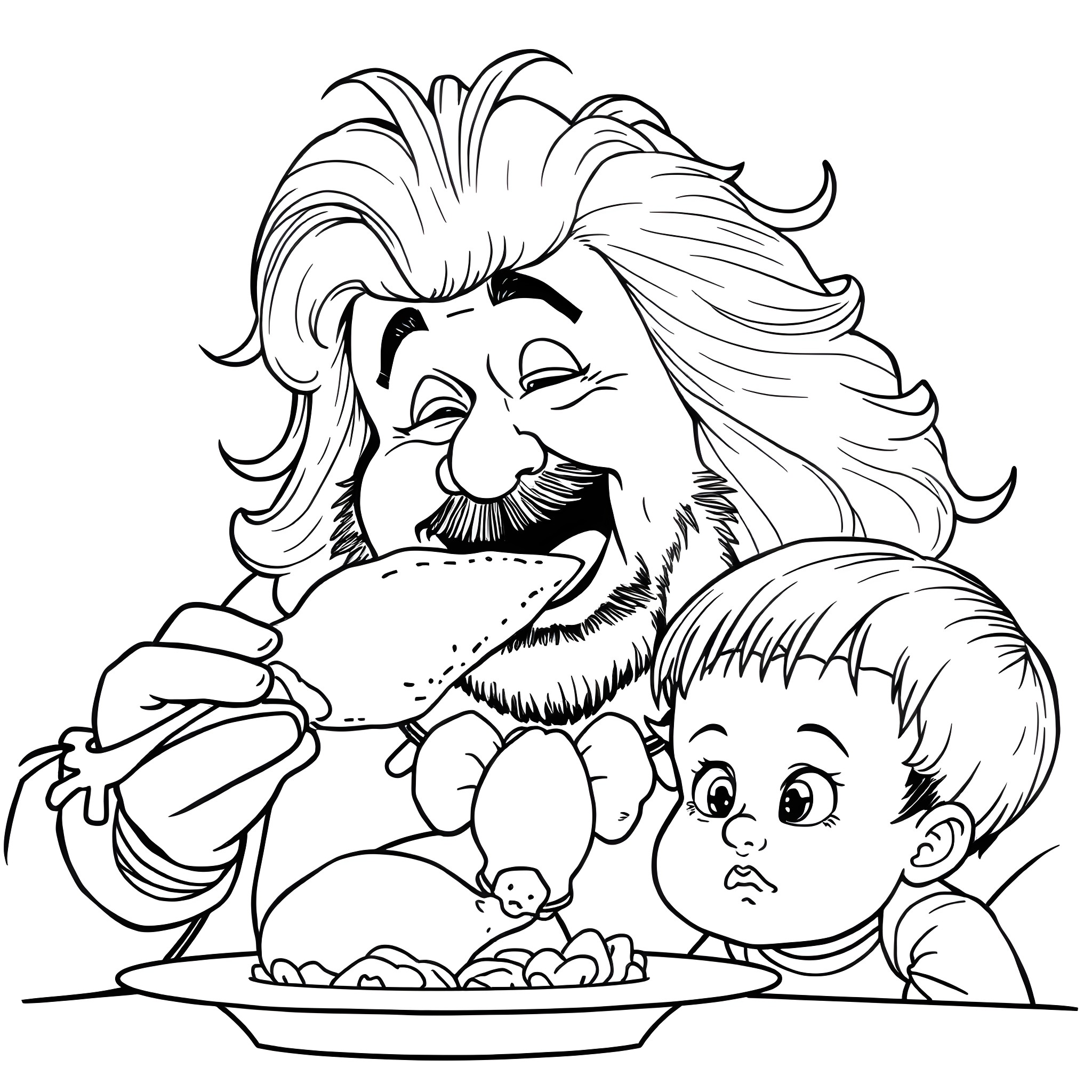 Danny DeVito sharing a meal with a young child Coloring Page (free black-and-white line drawing printable PDF for all, from beginners to advanced learners, including children, teens, adults, and seniors)