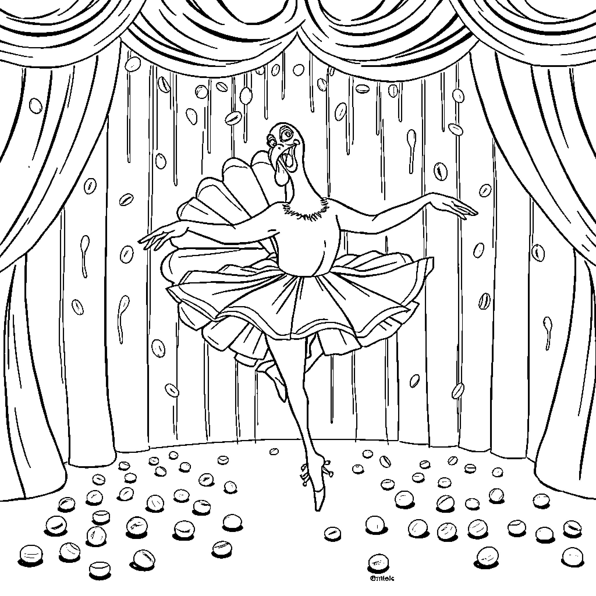 Turkey performing graceful dance on stage Coloring Page (free black-and-white line drawing printable PDF for all, from beginners to advanced learners, including children, teens, adults, and seniors)