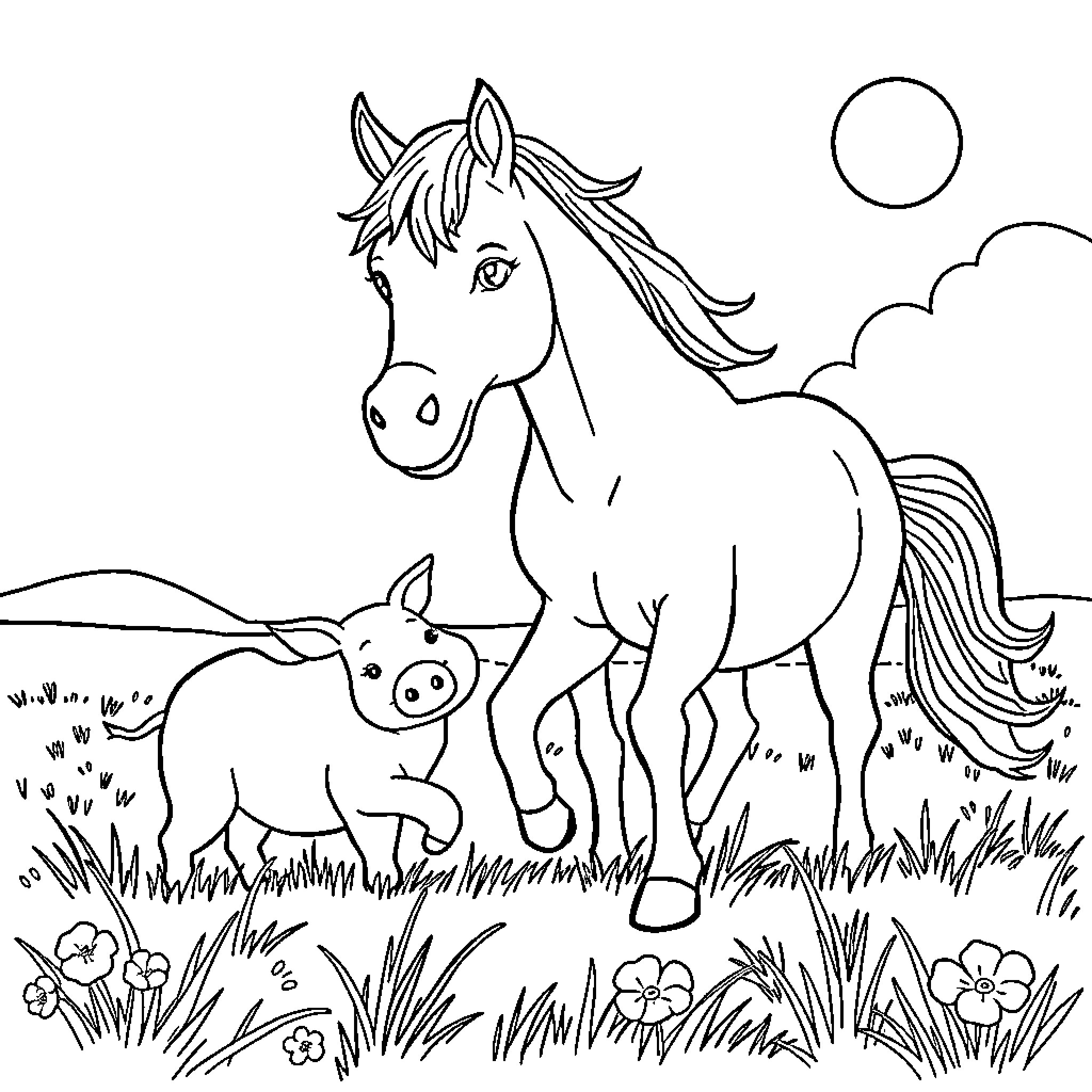 Horse and Foal Enjoying Scenic Pasture Coloring Page (free black-and-white line drawing printable PDF for all, from beginners to advanced learners, including children, teens, adults, and seniors)