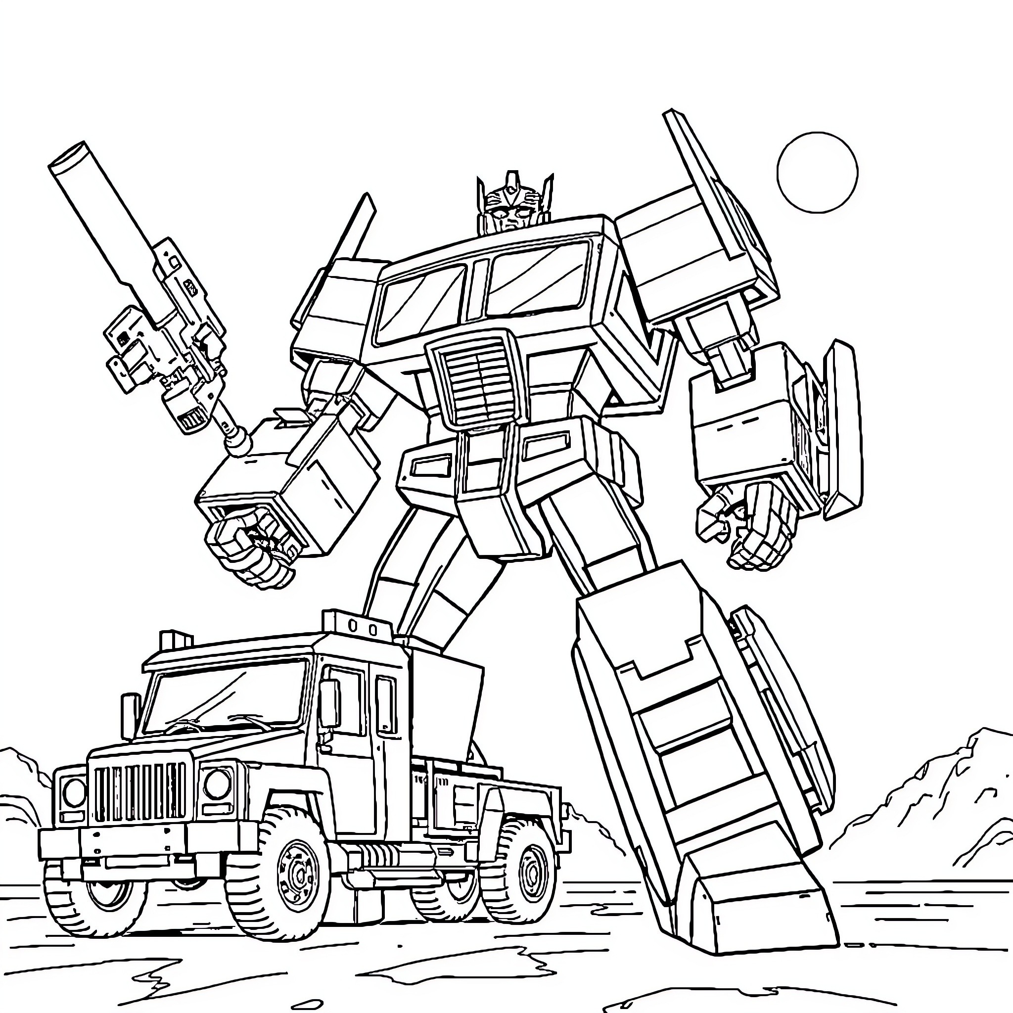 Transformer robot vehicle in battle-ready pose Coloring Page (free black-and-white line drawing printable PDF for all, from beginners to advanced learners, including children, teens, adults, and seniors)