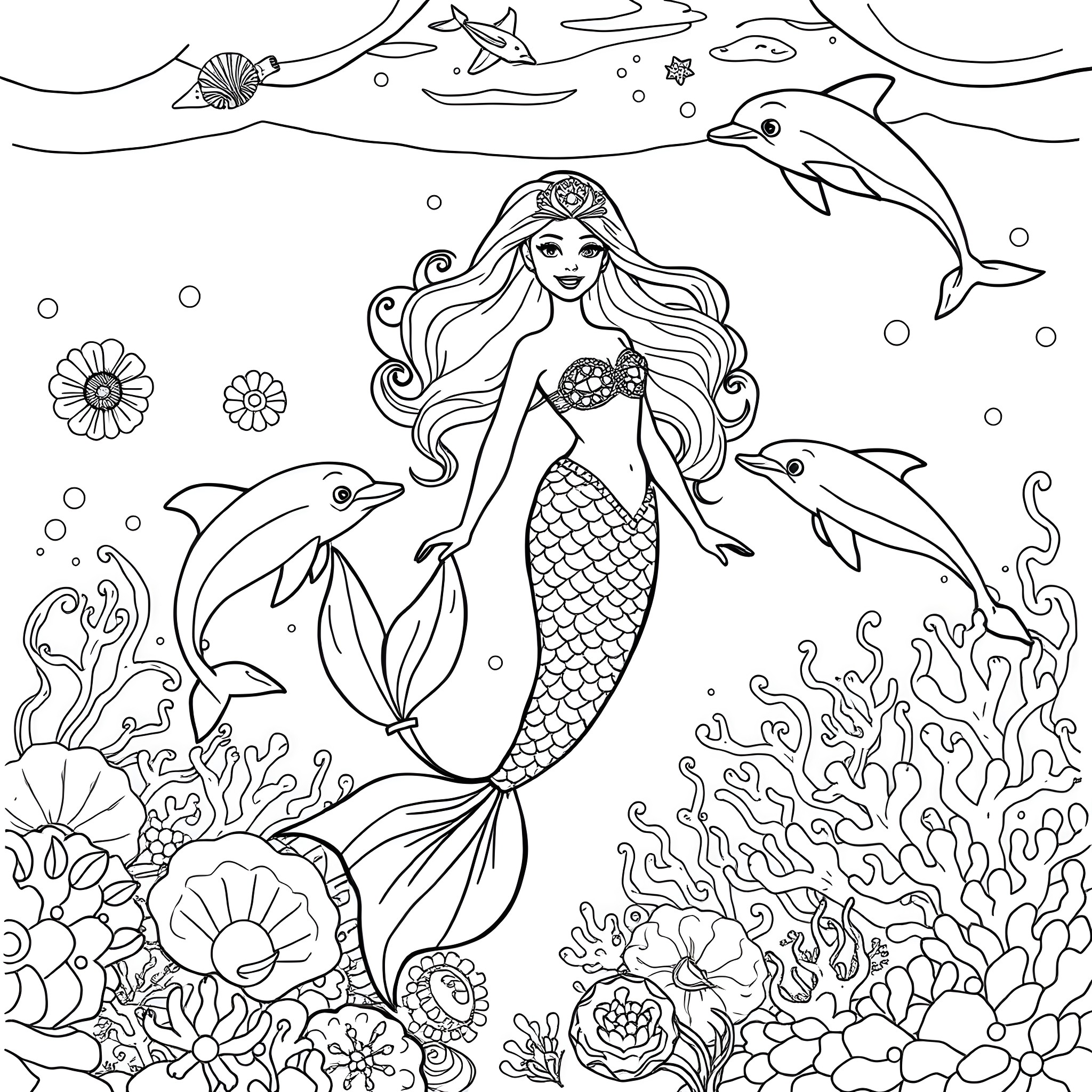 Mermaid among dolphins and sea creatures Coloring Page (free black-and-white line drawing printable PDF for all, from beginners to advanced learners, including children, teens, adults, and seniors)