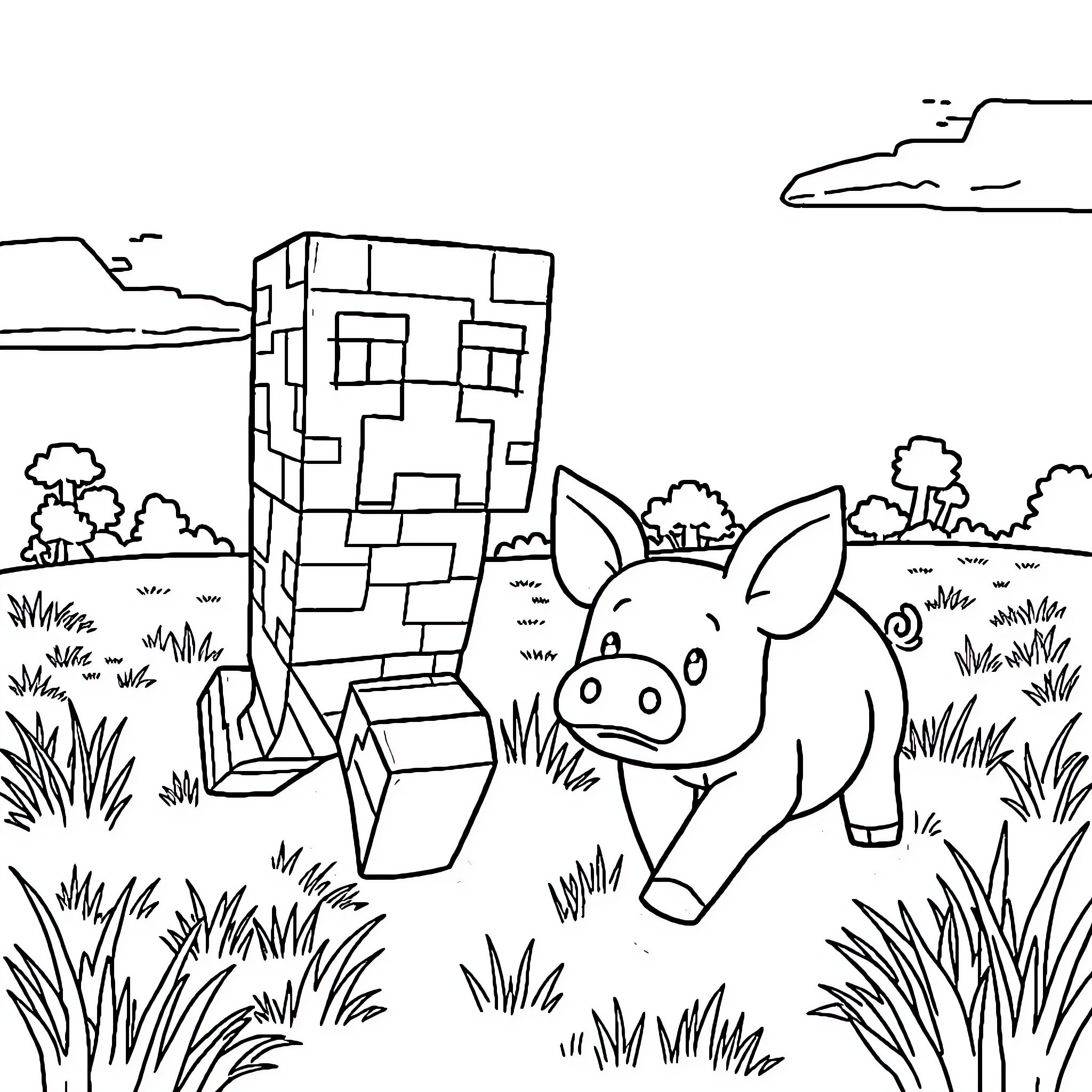 Creeper and Piglet explore the Minecraft landscape Coloring Page (free black-and-white line drawing printable PDF for all, from beginners to advanced learners, including children, teens, adults, and seniors)
