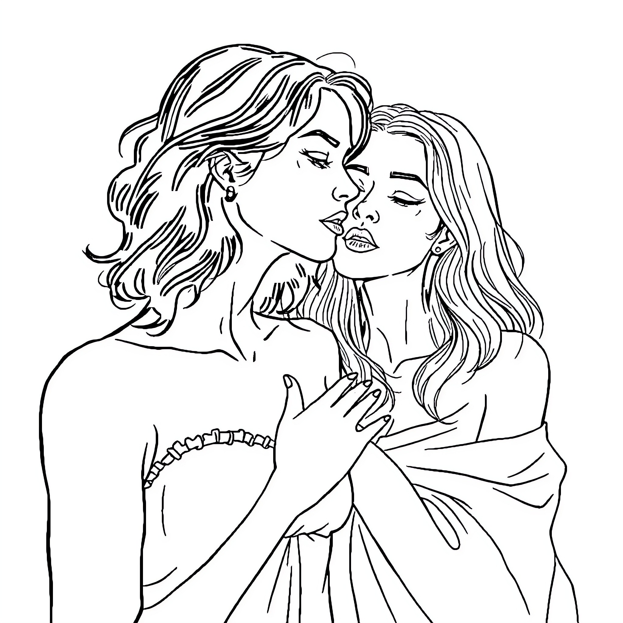 Woman in intimate embrace with another woman Coloring Page (free black-and-white line drawing printable PDF for all, from beginners to advanced learners, including children, teens, adults, and seniors)