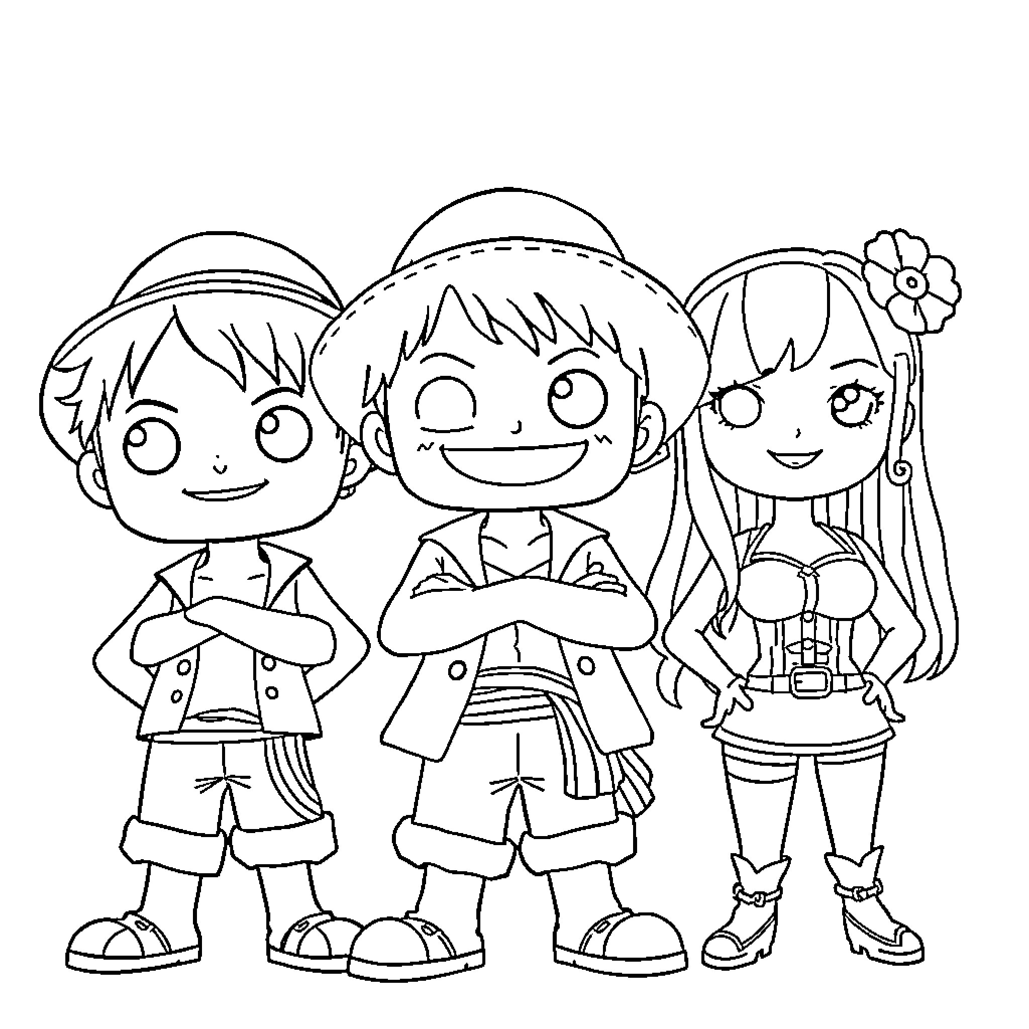 One Piece Characters in Playful Poses Coloring Page (free black-and-white line drawing printable PDF for all, from beginners to advanced learners, including children, teens, adults, and seniors)
