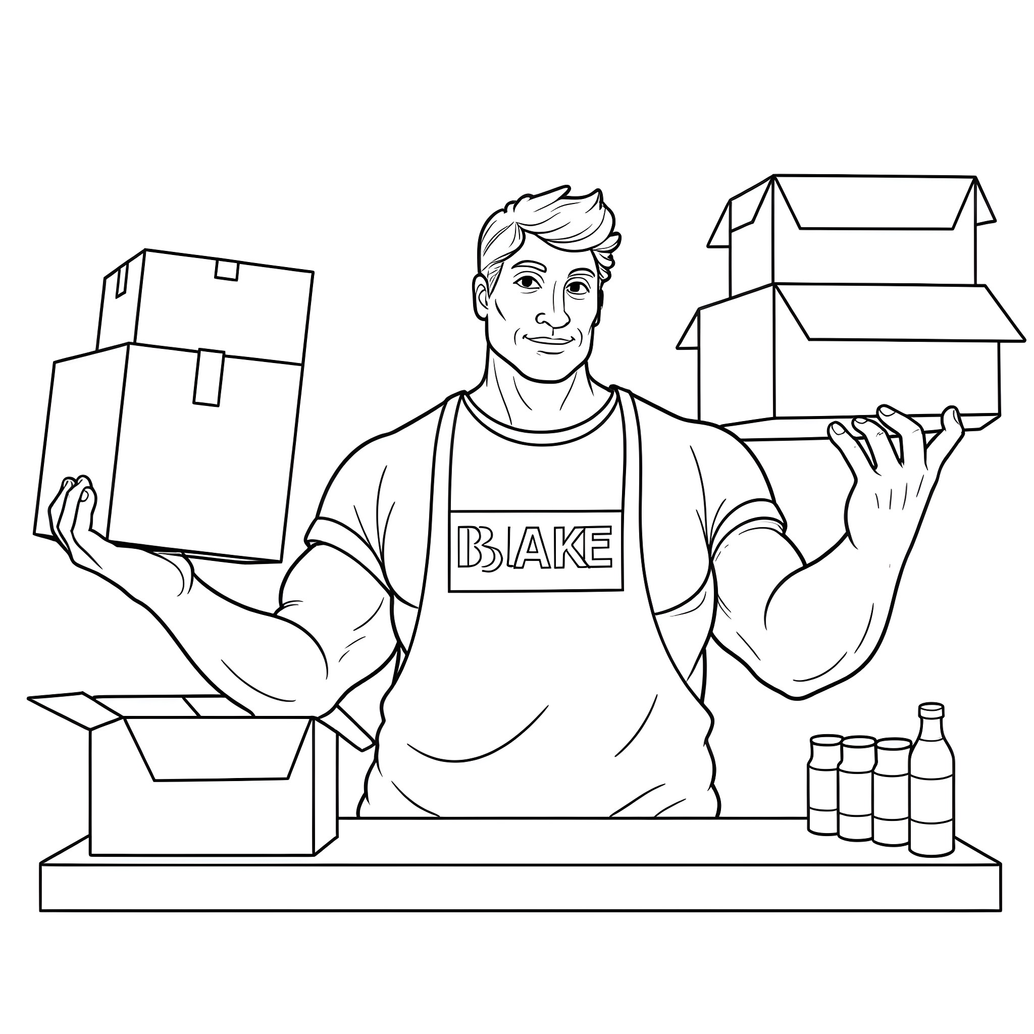 Muscle Guy Unpacking Cardboard Boxes Coloring Page (free black-and-white line drawing printable PDF for all, from beginners to advanced learners, including children, teens, adults, and seniors)