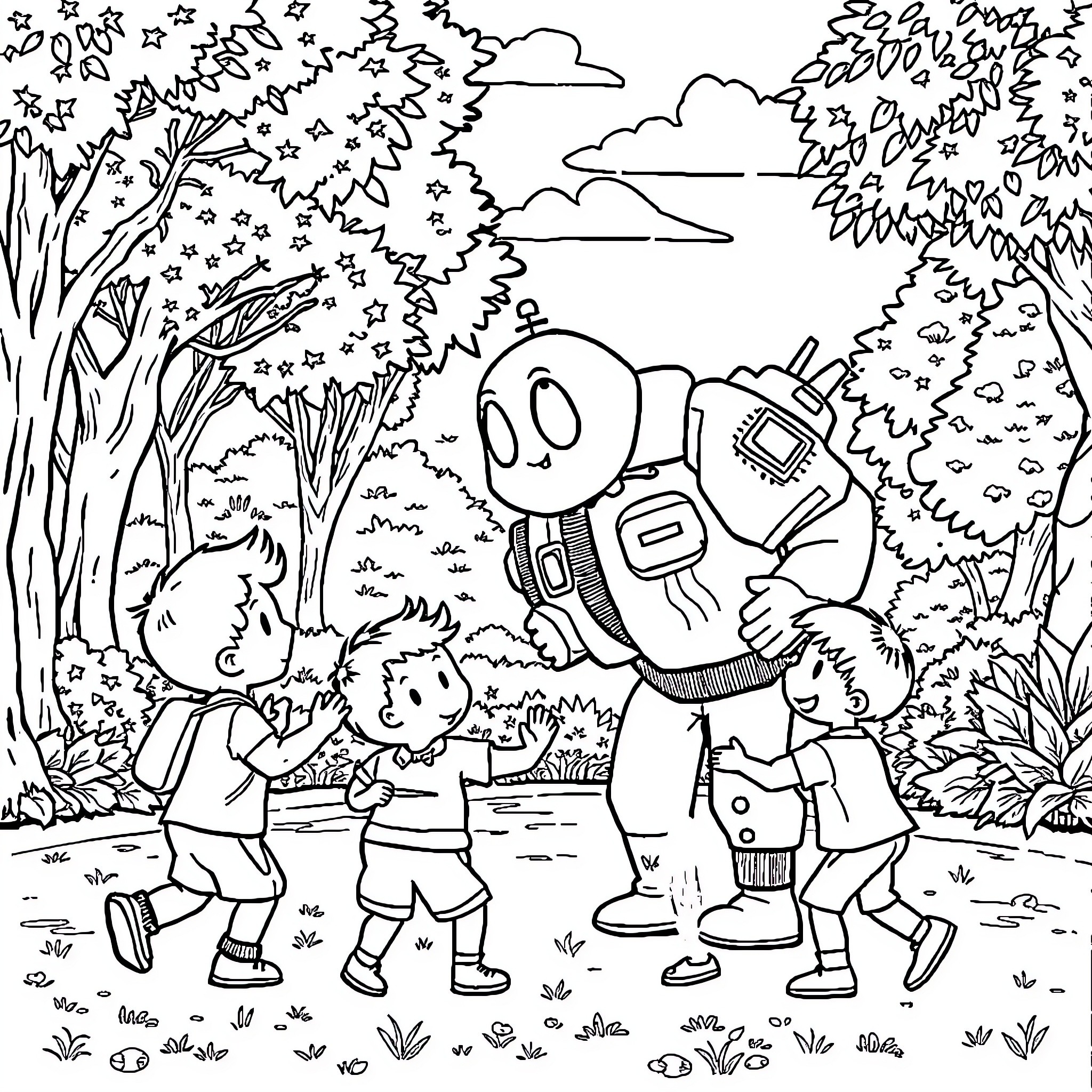 Firefighter helps children in the park Coloring Page (free black-and-white line drawing printable PDF for all, from beginners to advanced learners, including children, teens, adults, and seniors)