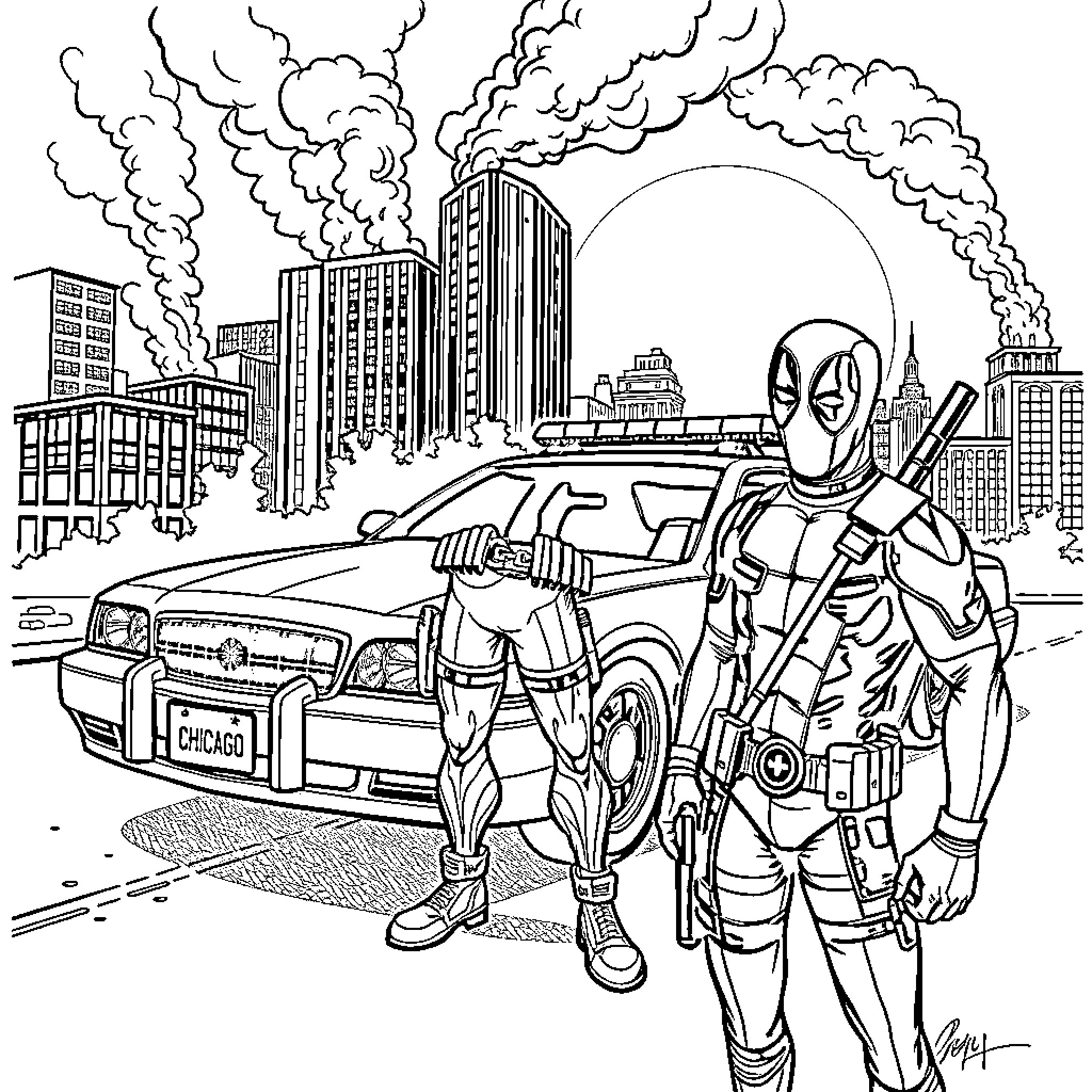 Deadpool taking on the city in heroic fashion Coloring Page (free black-and-white line drawing printable PDF for all, from beginners to advanced learners, including children, teens, adults, and seniors)