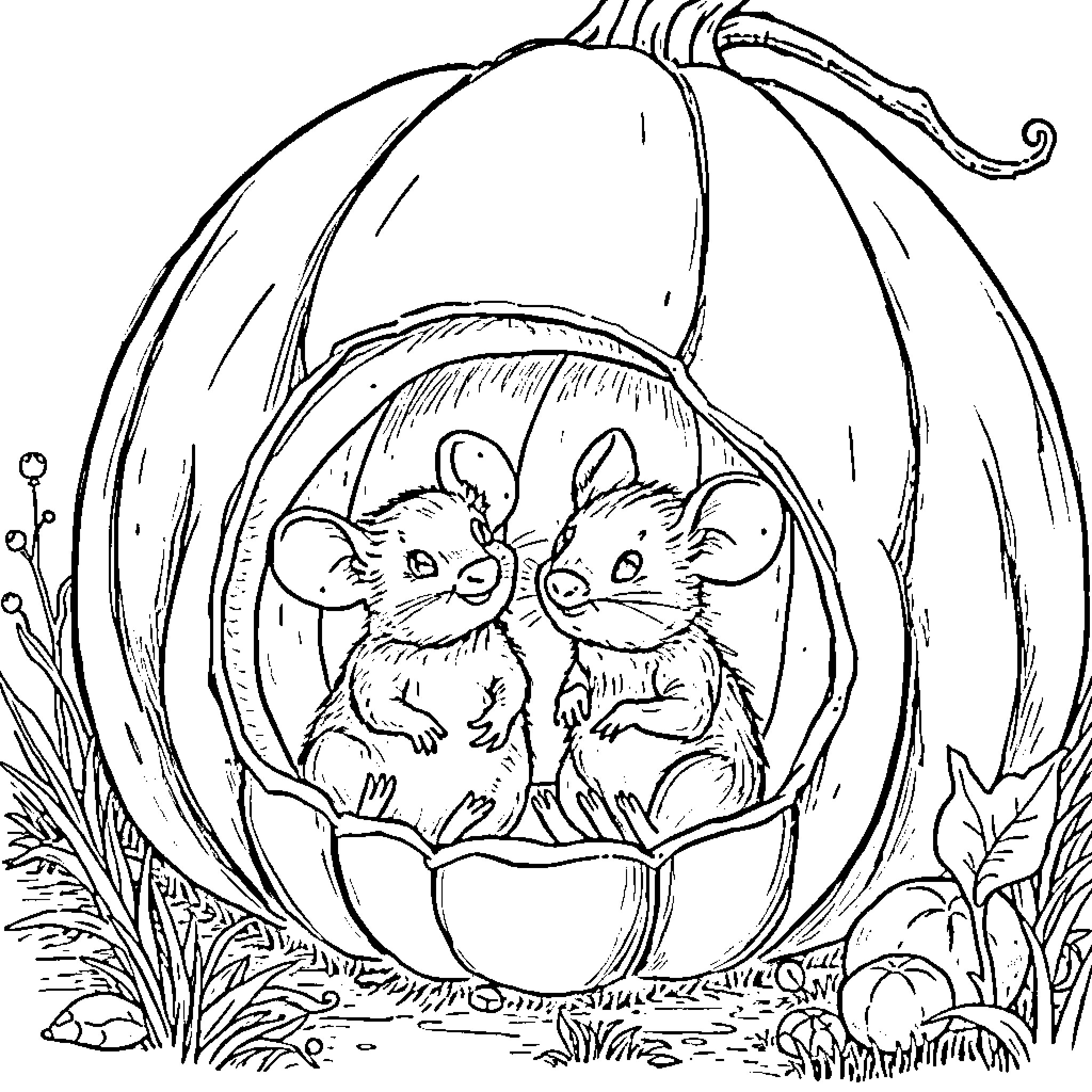 Mouse friends exploring a cozy pumpkin Coloring Page (free black-and-white line drawing printable PDF for all, from beginners to advanced learners, including children, teens, adults, and seniors)