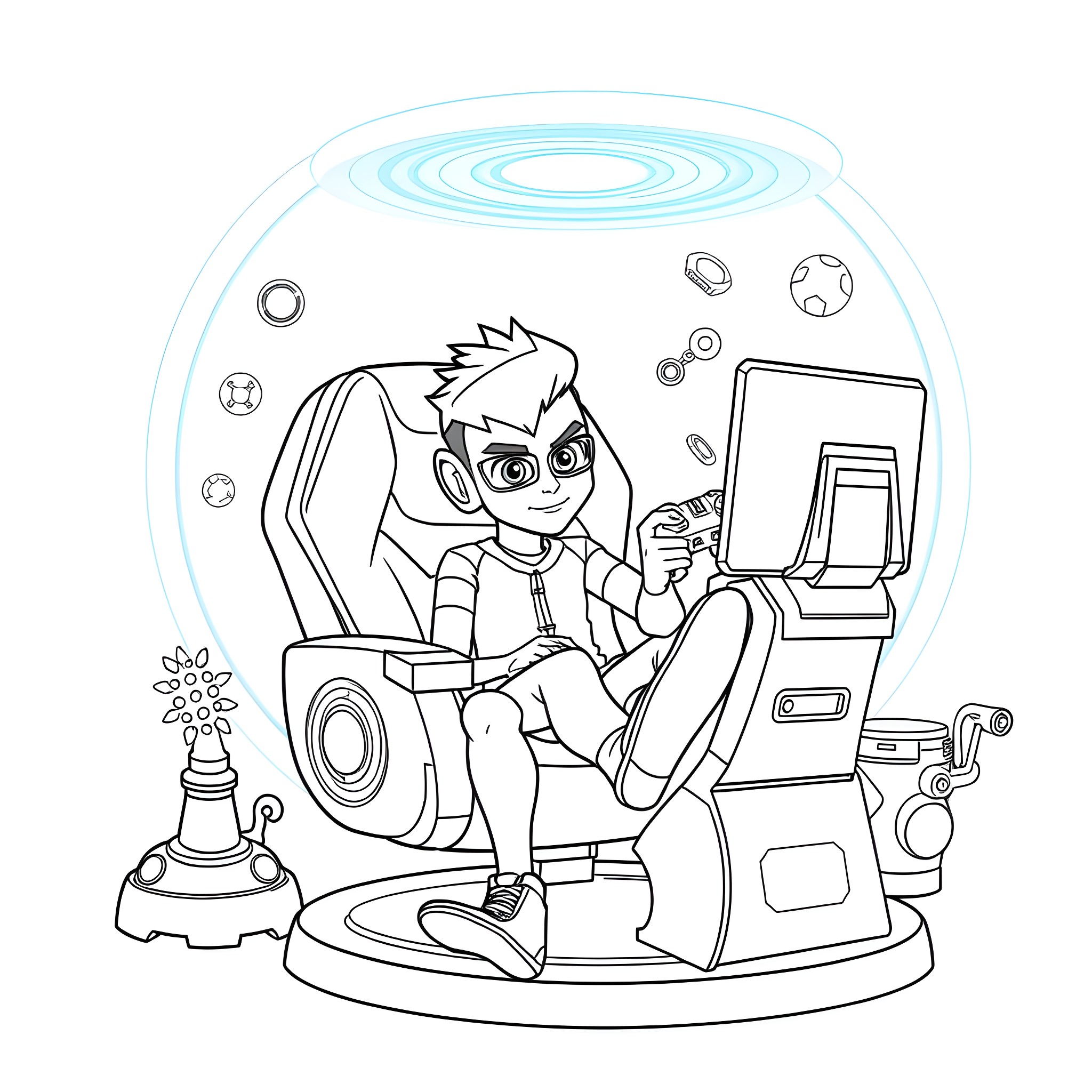 Ben 10 playing video games with futuristic tech Coloring Page (free black-and-white line drawing printable PDF for all, from beginners to advanced learners, including children, teens, adults, and seniors)