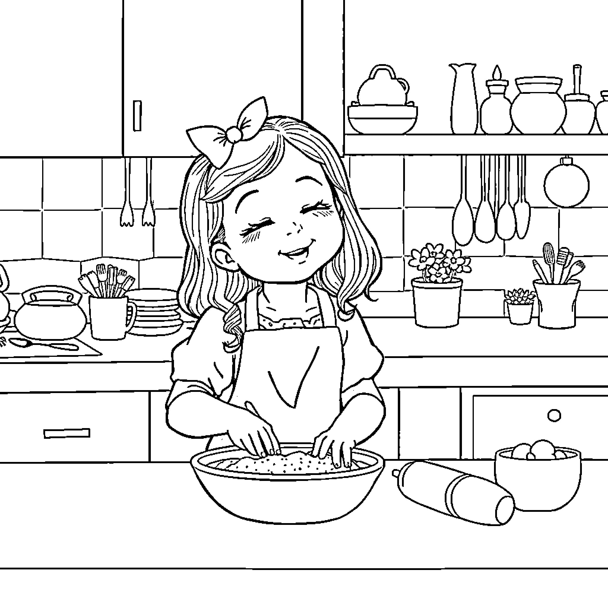 Girl Happily Cooking in the Kitchen Coloring Page (free black-and-white line drawing printable PDF for all, from beginners to advanced learners, including children, teens, adults, and seniors)