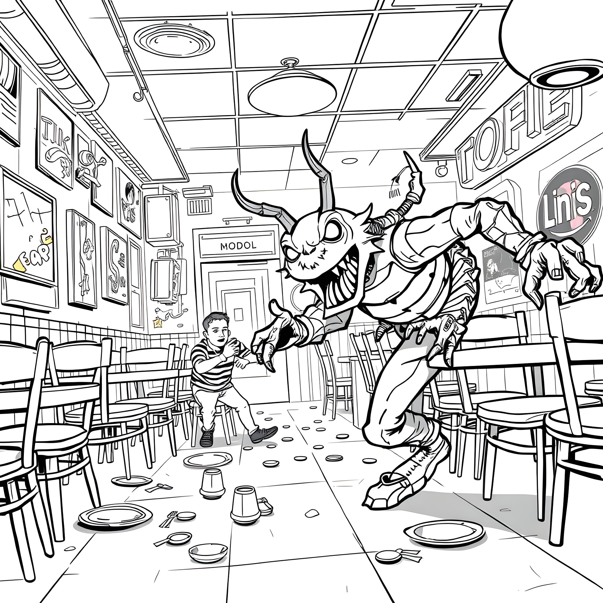 Springtrap's Mischievous Antics in the Cafe Coloring Page (free black-and-white line drawing printable PDF for all, from beginners to advanced learners, including children, teens, adults, and seniors)