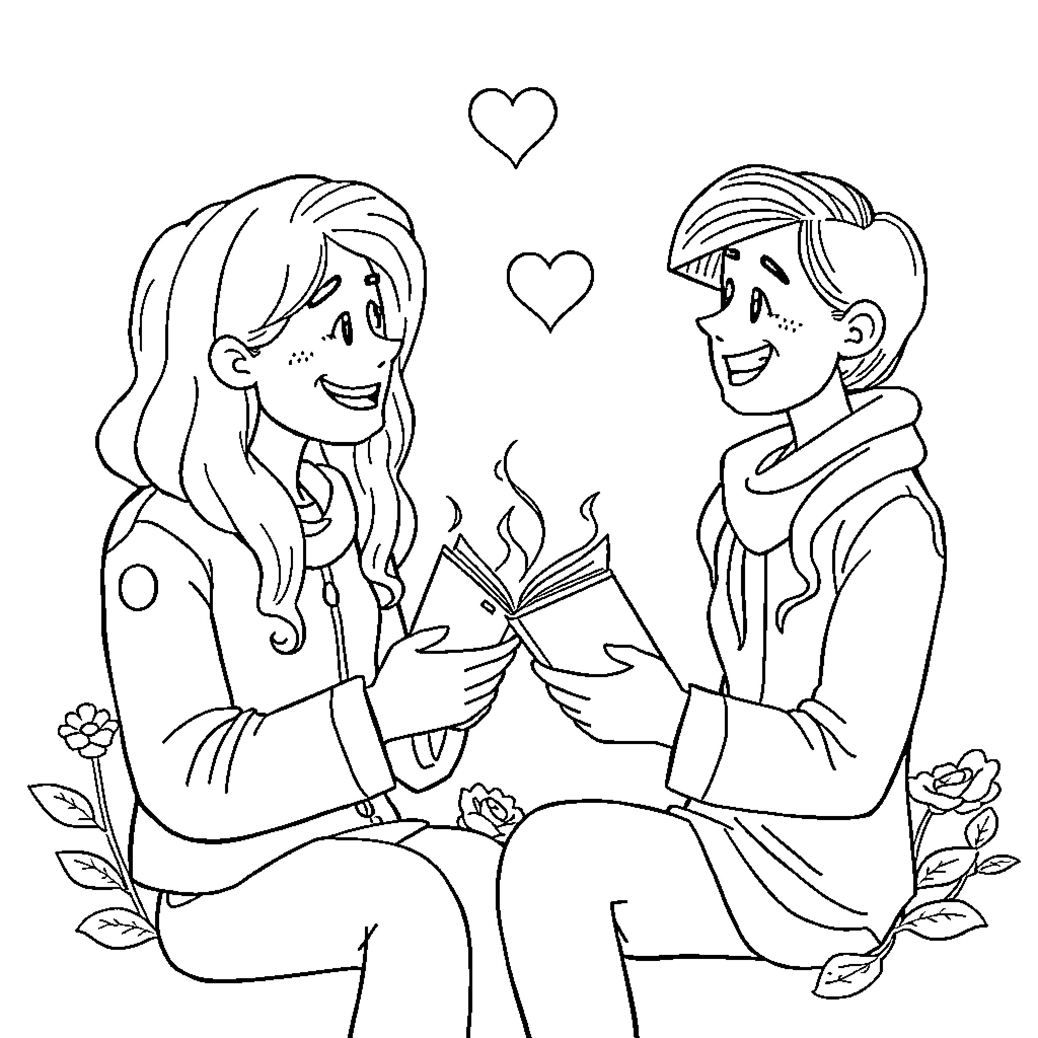 Communication Between a Couple Enjoying a Book Coloring Page (free black-and-white line drawing printable PDF for all, from beginners to advanced learners, including children, teens, adults, and seniors)