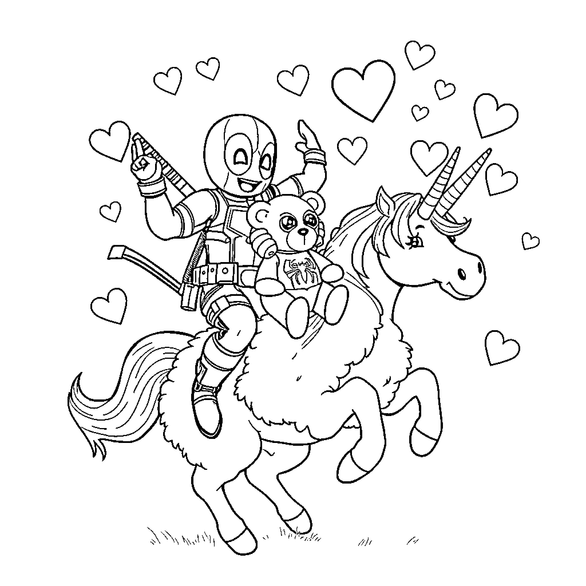 Deadpool Riding a Unicorn with Hearts and Stuffed Animal Coloring Page (free black-and-white line drawing printable PDF for all, from beginners to advanced learners, including children, teens, adults, and seniors)